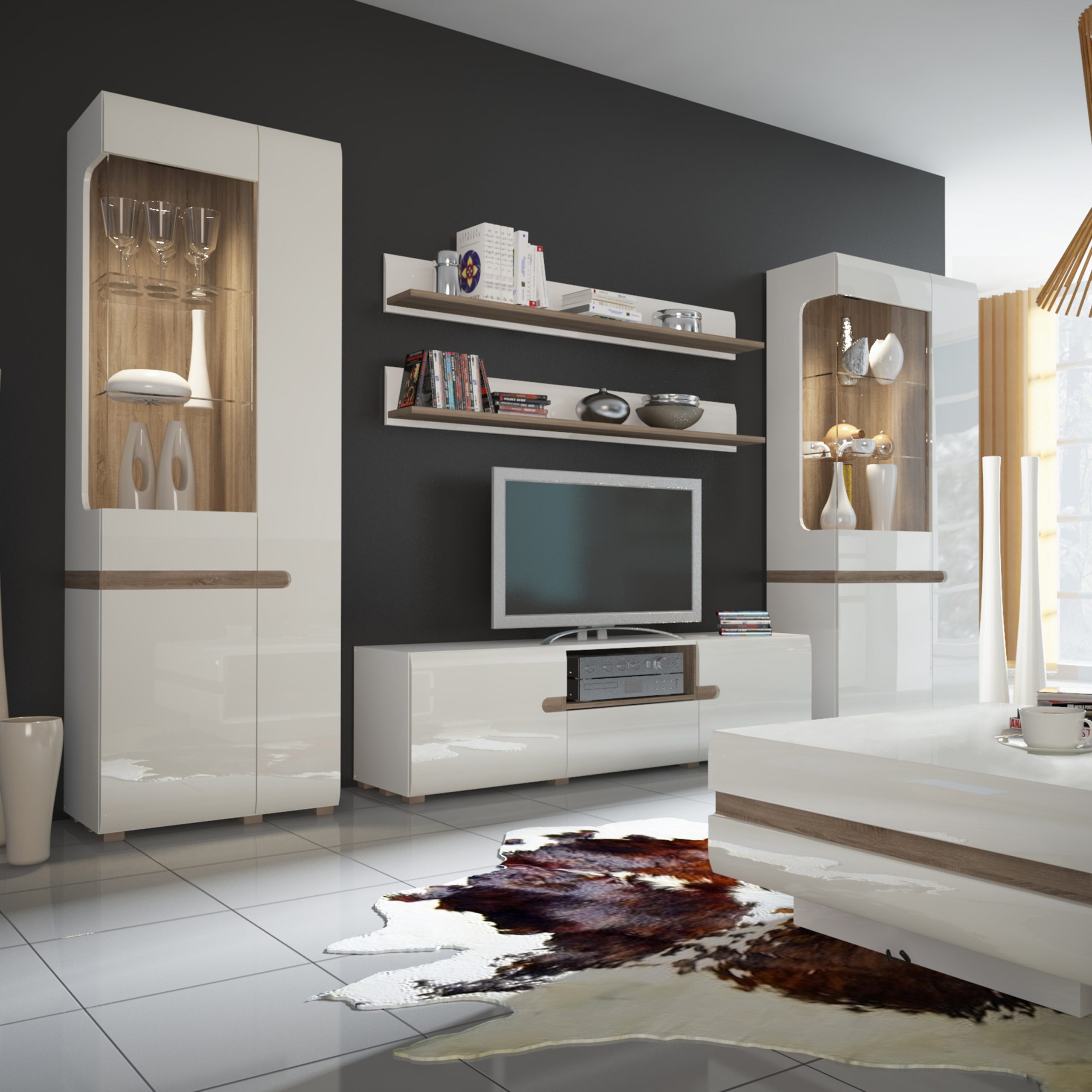 Chelsea Living Tall Glazed Narrow Display Unit (RHD) in White with a Truffle Oak Trim - Image 2