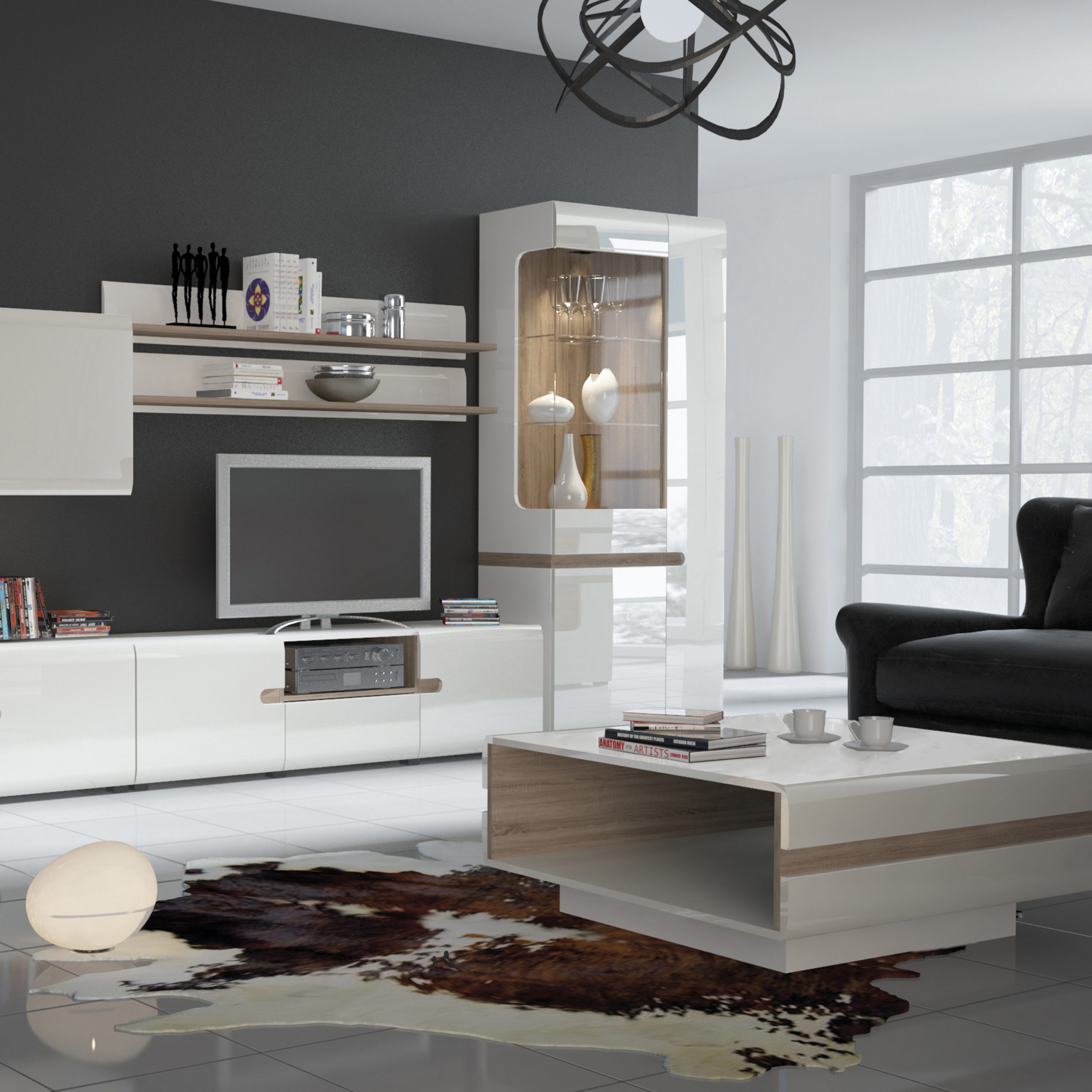 Chelsea Living Tall Glazed Narrow Display Unit (RHD) in White with a Truffle Oak Trim - Image 3