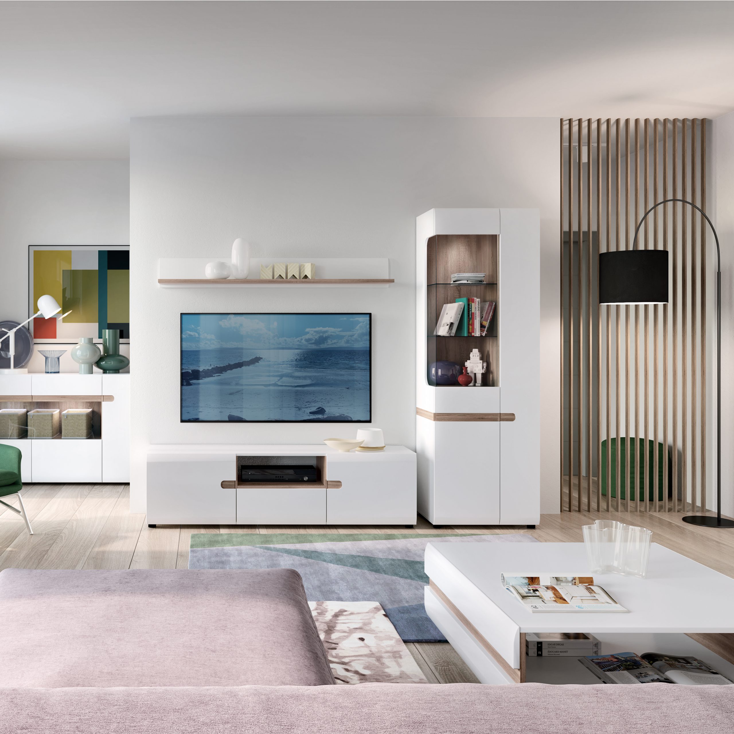 Chelsea Living Tall Glazed Narrow Display Unit (RHD) in White with a Truffle Oak Trim - Image 4