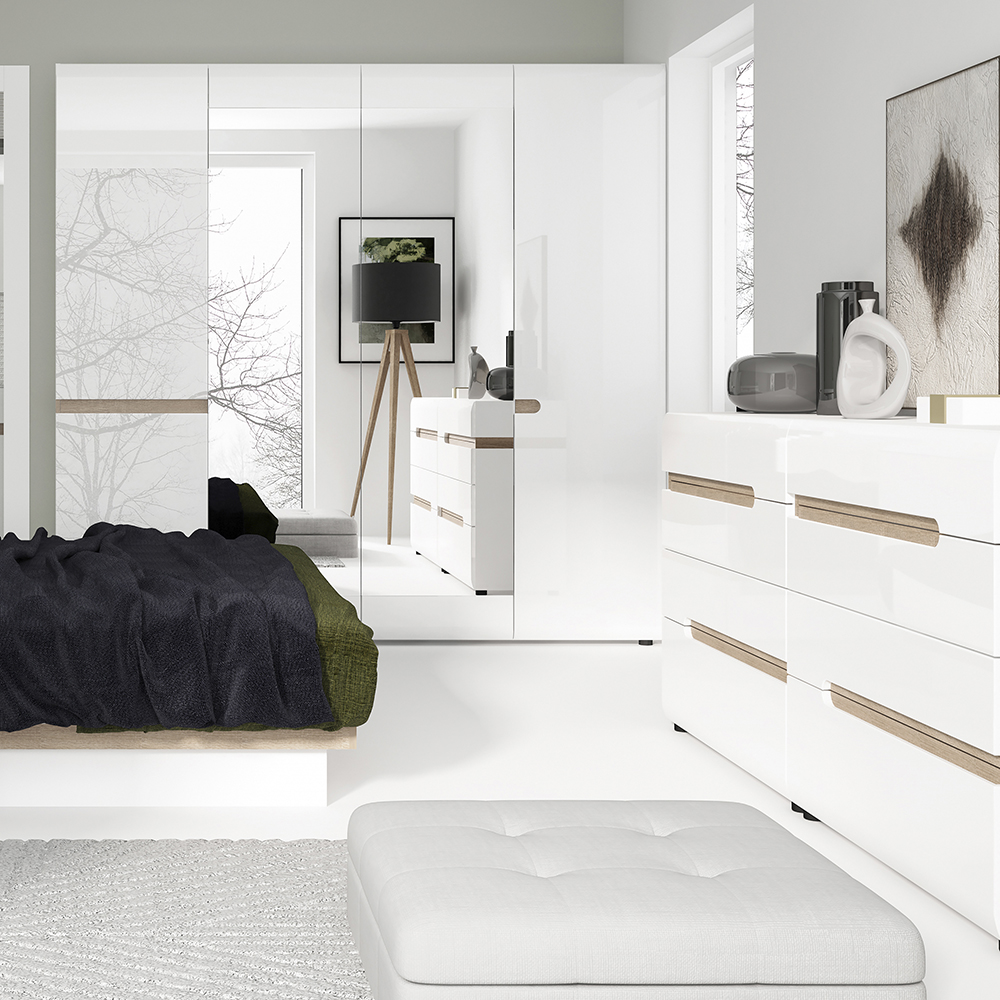 Chelsea Bedroom 4 Door Wardrobe with Mirrors in White with a Truffle Oak Trim - Image 2