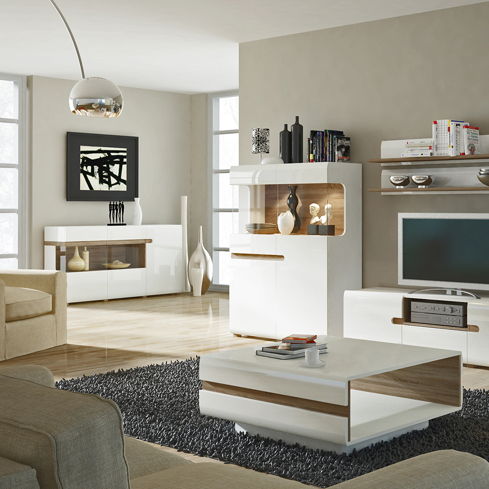 Chelsea Living Low Display Cabinet 109cm Wide in White with a Truffle Oak Trim - Image 2