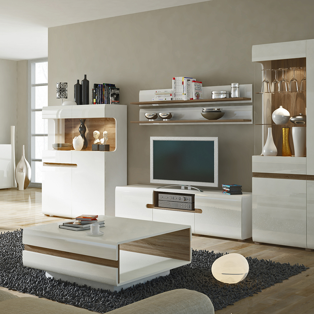 Chelsea Living Wide TV Unit in White with a Truffle Oak Trim - Image 2