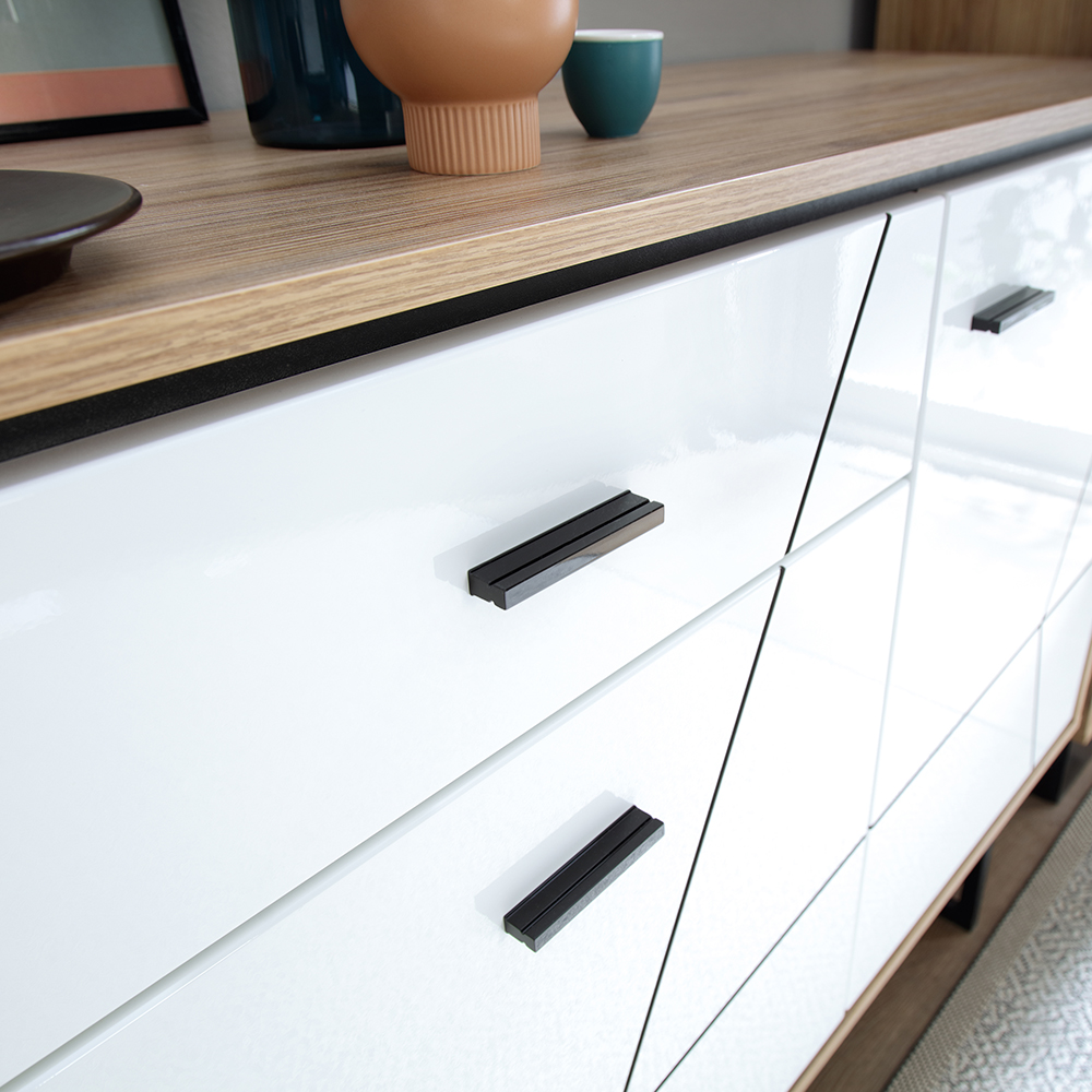 Brolo 3 Door 1 Drawer Wide Sideboard With the Walnut and Dark Panel Finish - Image 2