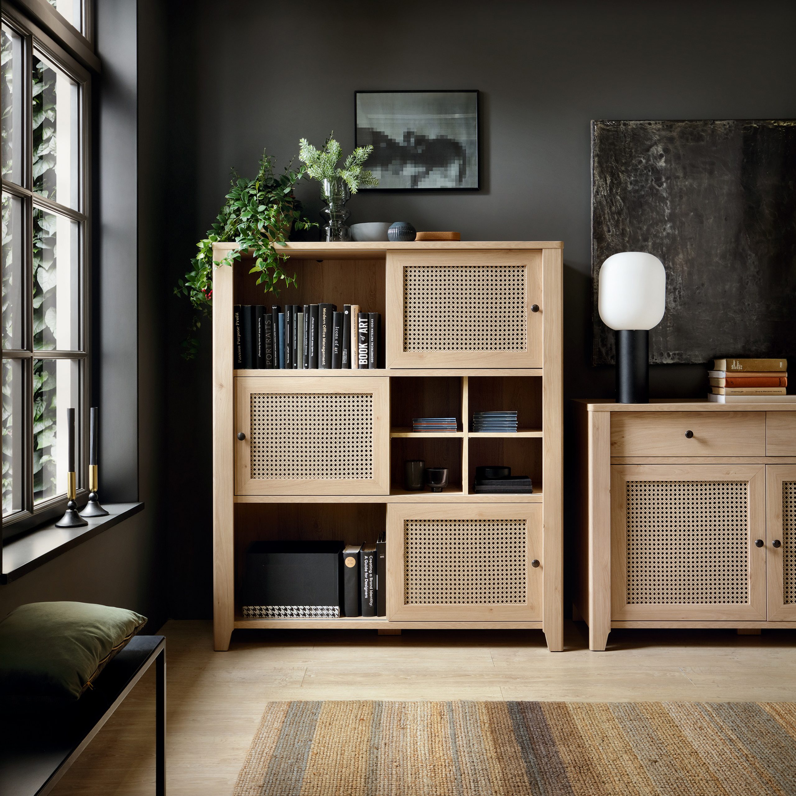 Cestino 3 Sliding Door Cabinet in Jackson Hickory Oak and Rattan Effect - Image 2