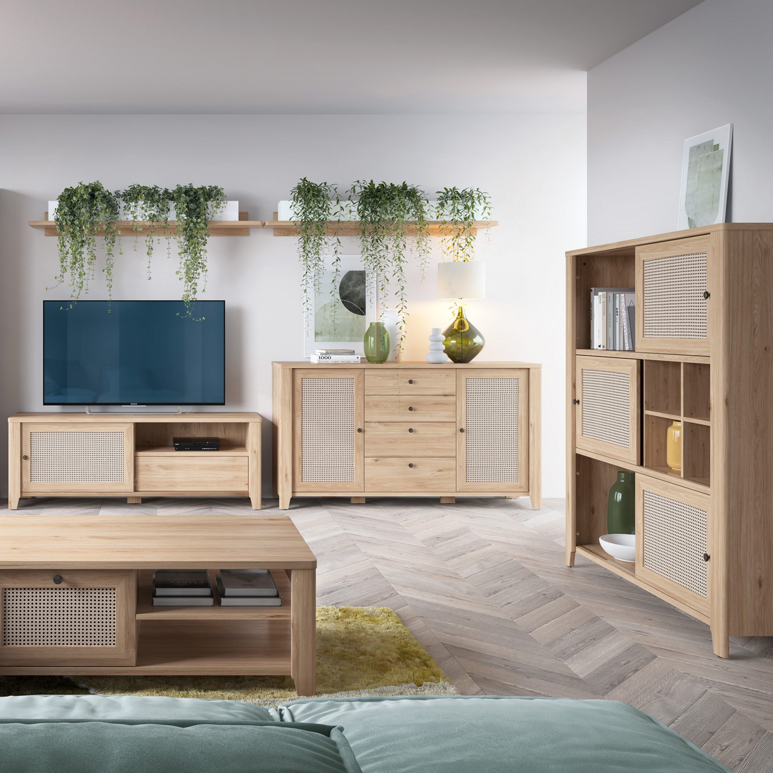 Cestino 3 Sliding Door Cabinet in Jackson Hickory Oak and Rattan Effect - Image 3
