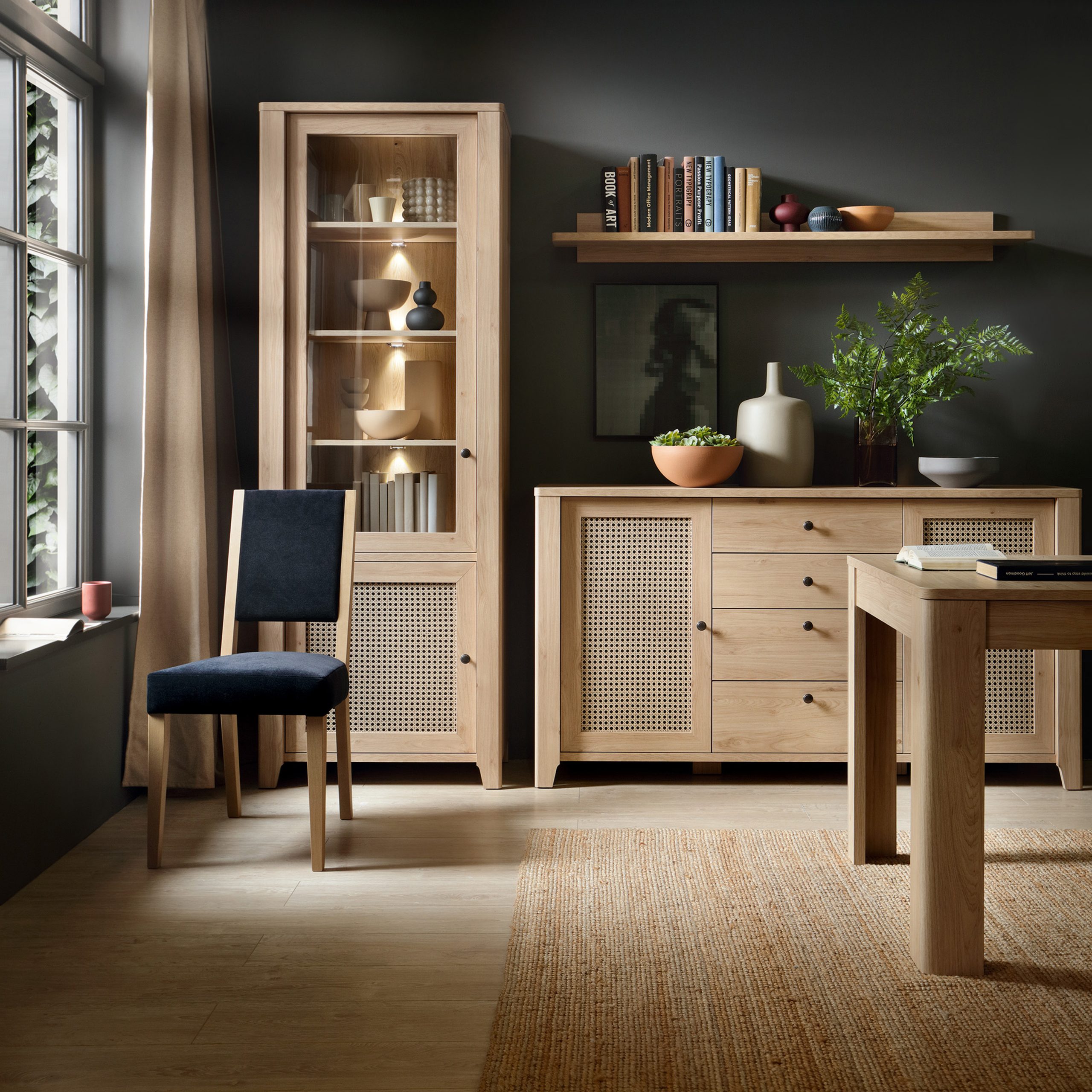 Cestino 2 Door Display Cabinet in Jackson Hickory Oak and Rattan Effect - Image 3