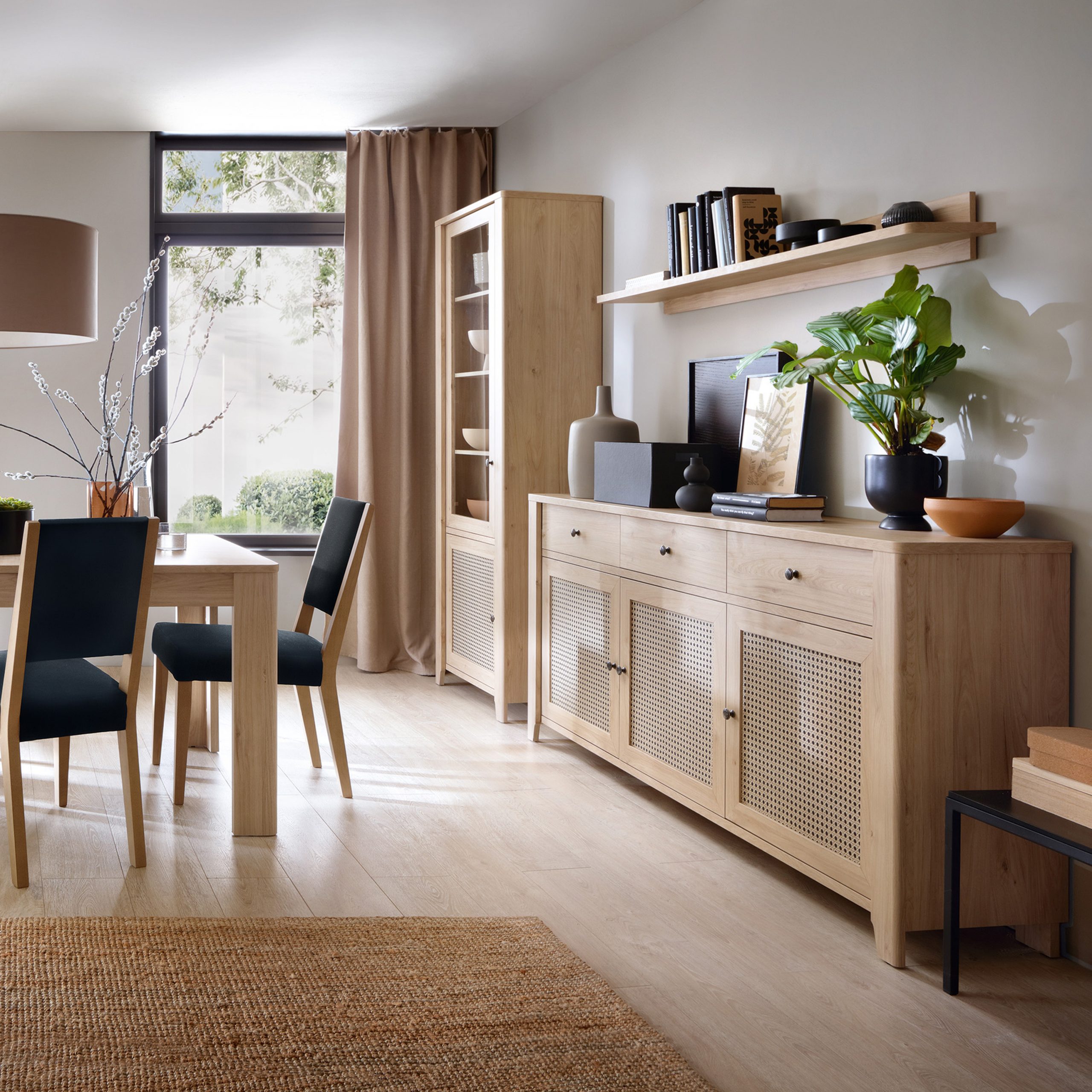 Cestino 2 Door 2 Drawer Display Cabinet in Jackson Hickory Oak and Rattan Effect - Image 2