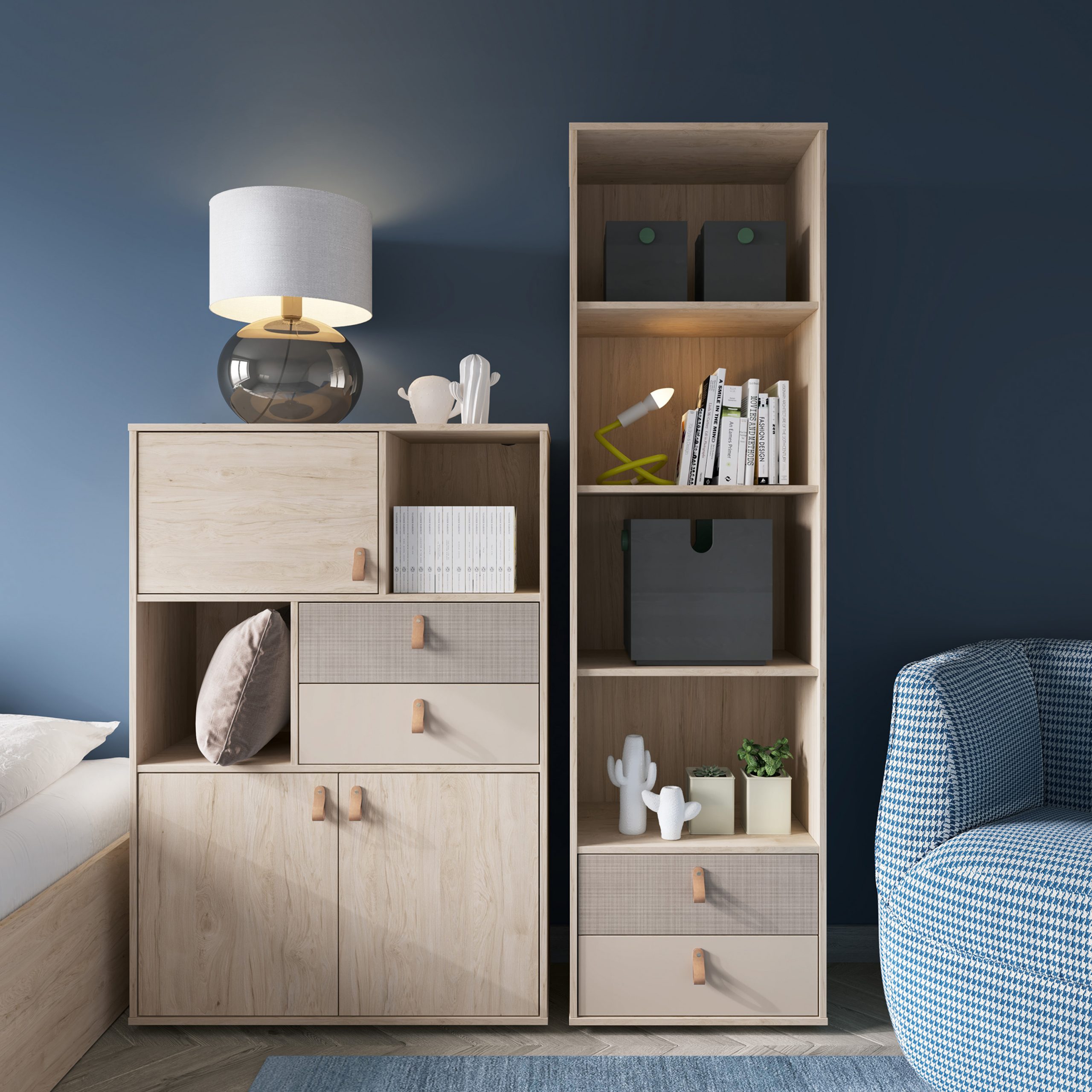 Denim 3 Door 2 Drawer Cabinet in Light Walnut, Grey Fabric Effect and Cashmere - Image 2
