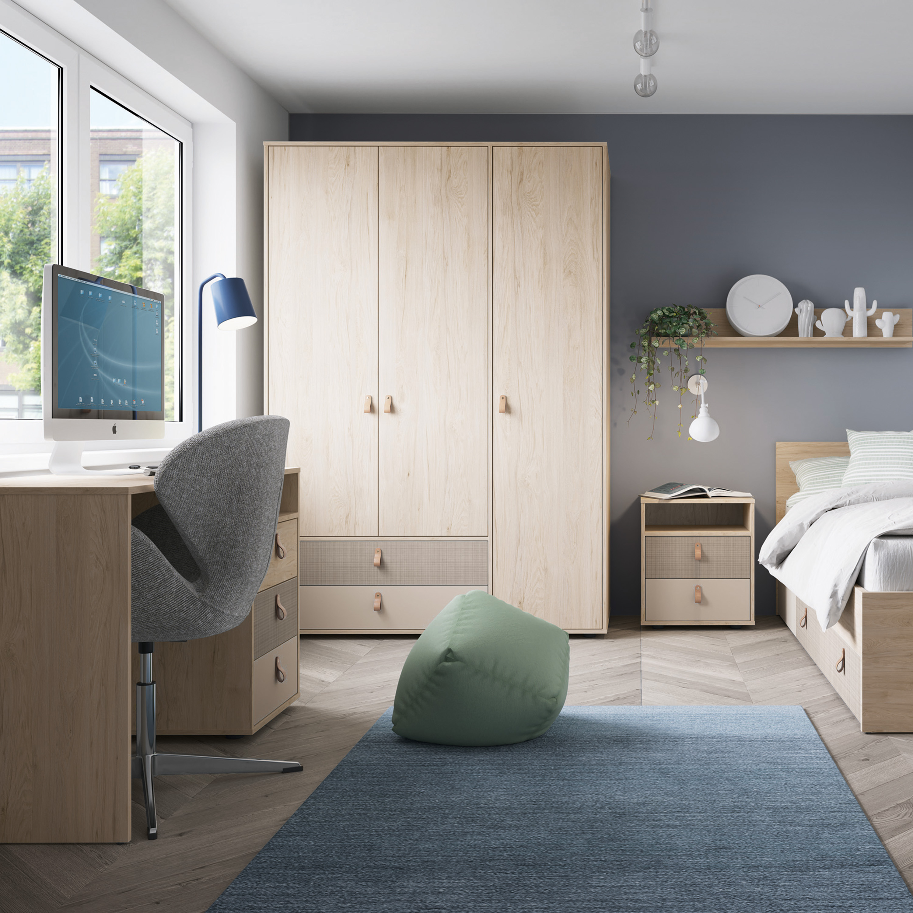 Denim 2 Drawer Bedside Cabinet in Light Walnut, Grey Fabric Effect and Cashmere - Image 2