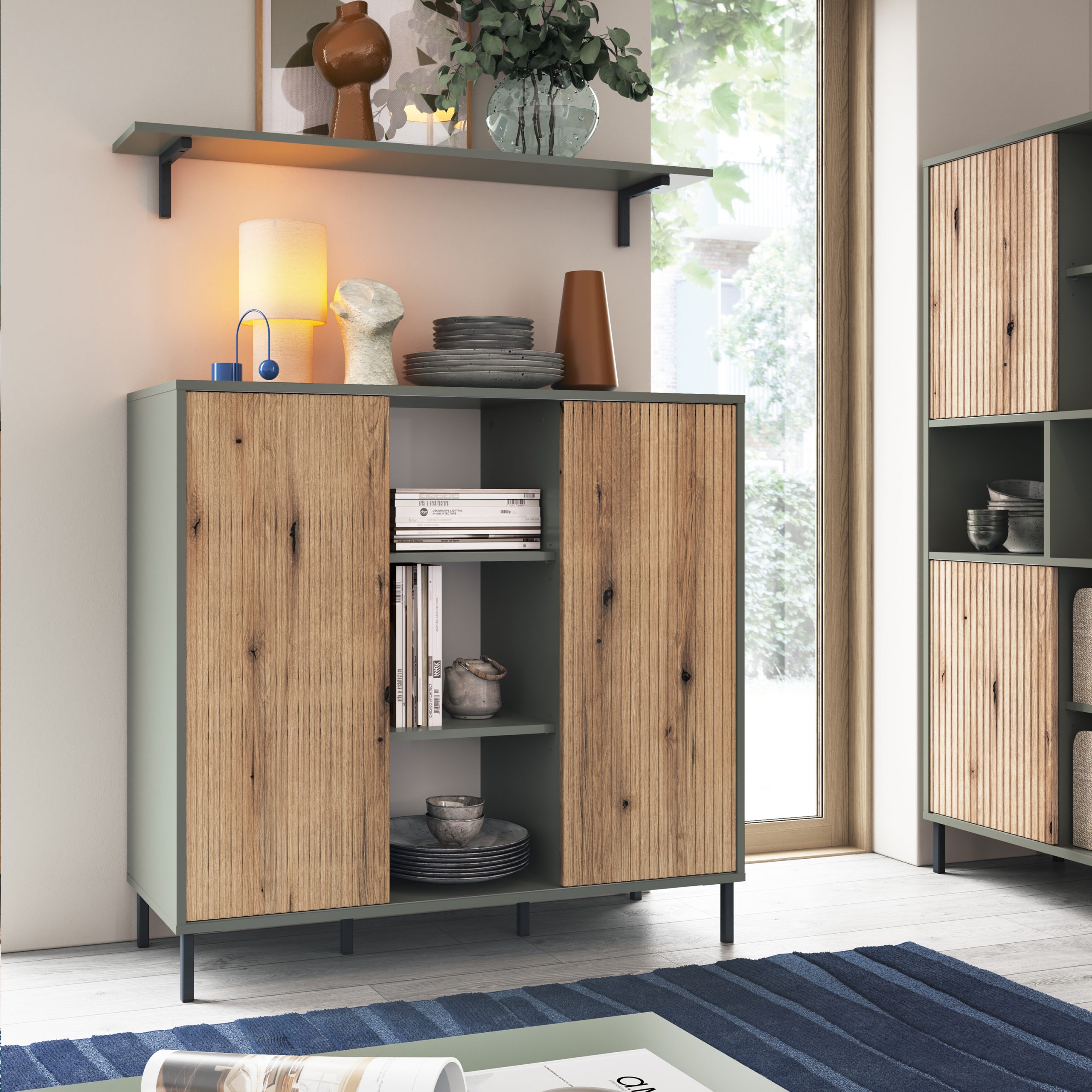 Darwin Bookcase 2 Door in Green/Oak - Image 2