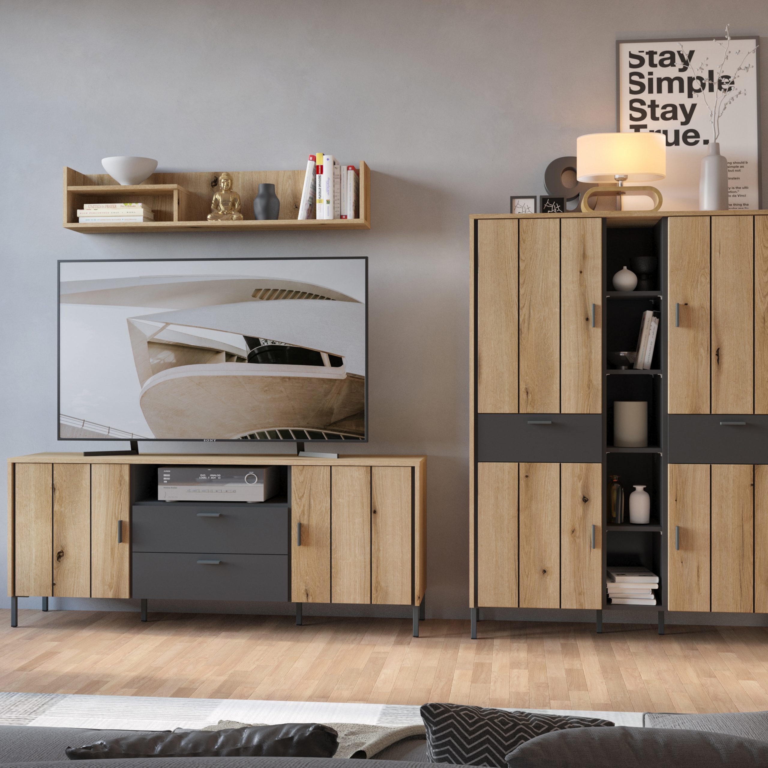 Arundel TV Cabinet 2 Door 2 Drawer 158cm Wide in Oak/Grey - Image 2