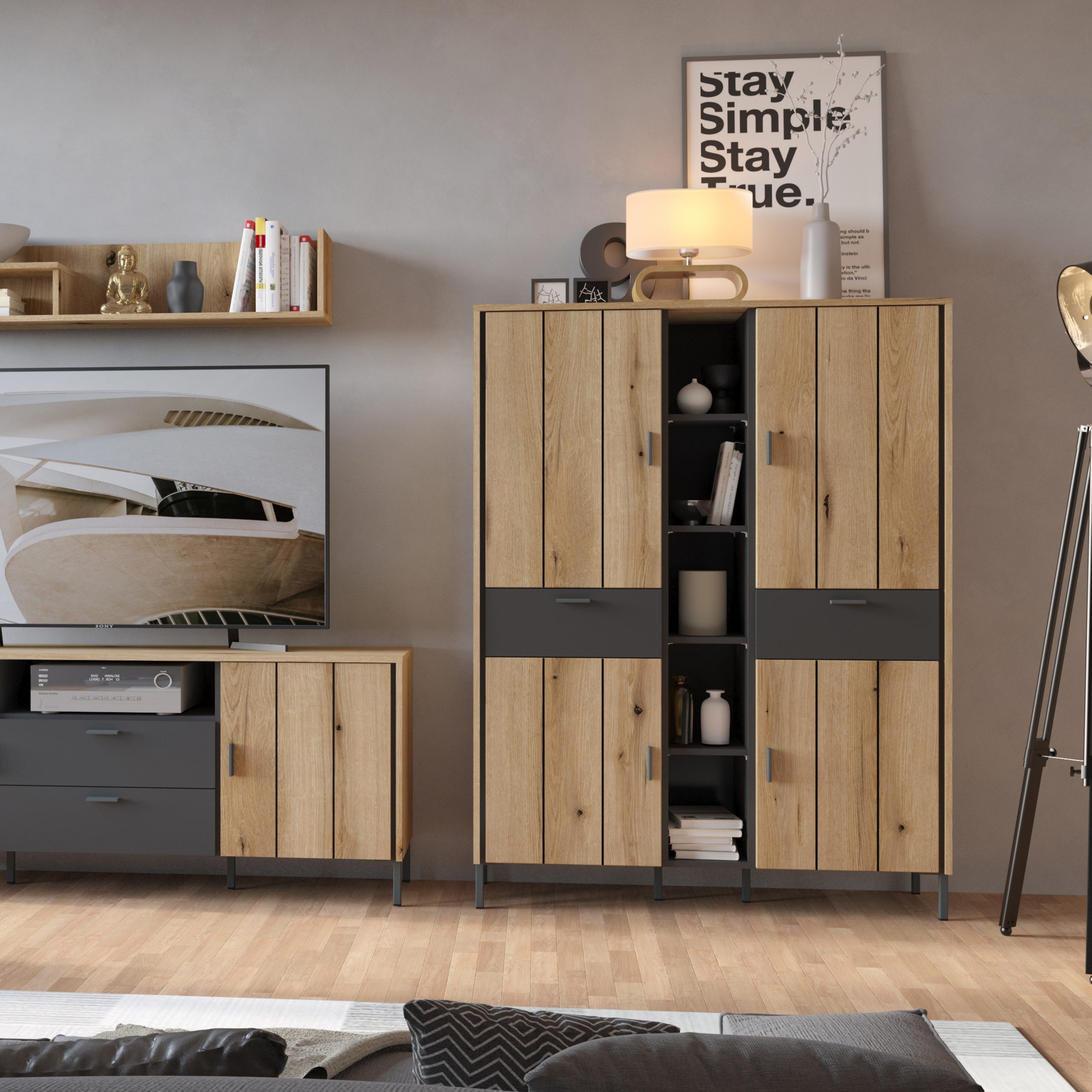 Arundel Wardrobe 4 Door 2 Drawer in Oak/Grey - Image 2