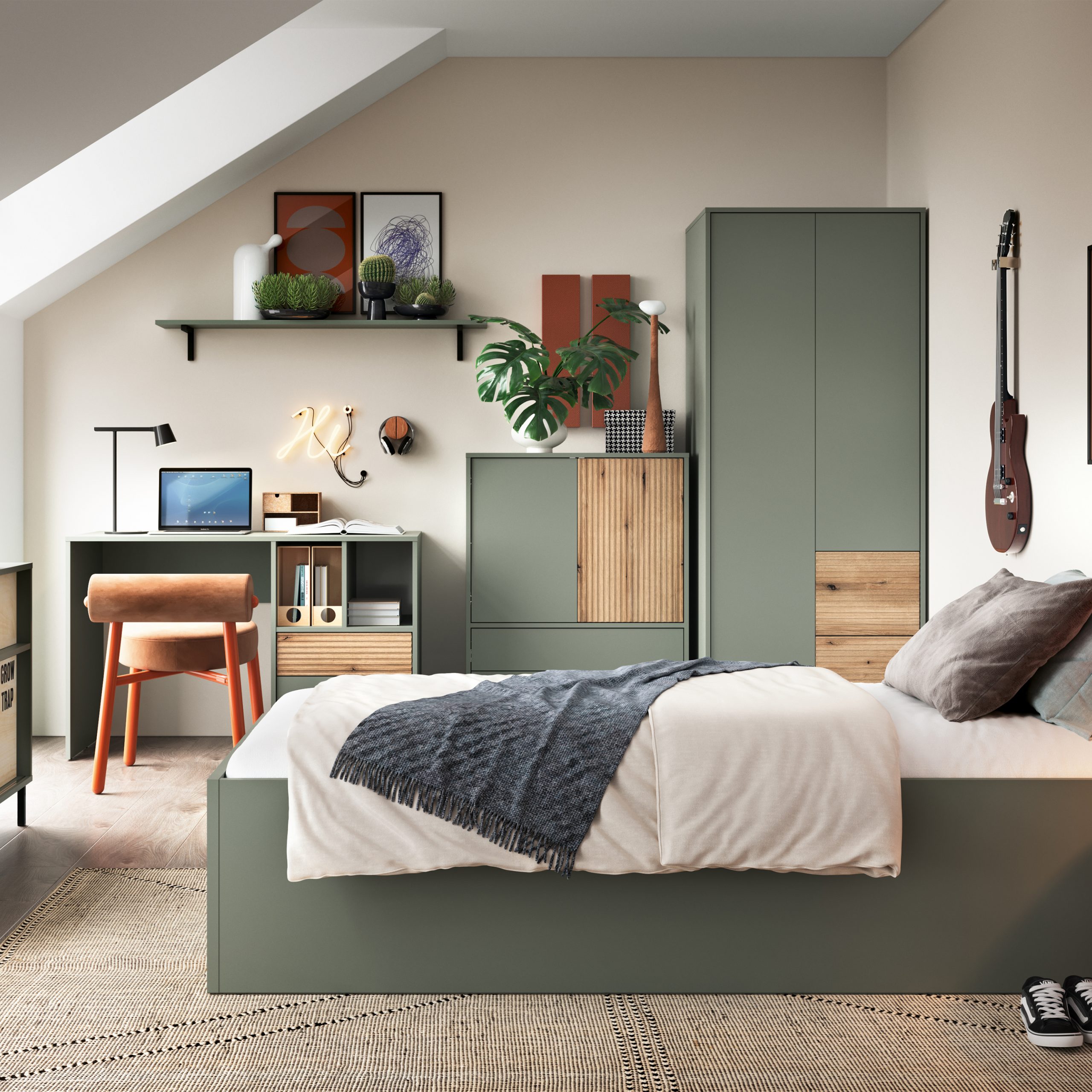 Darwin Wardrobe 2 Door 2 Drawer in Green/Oak - Image 2