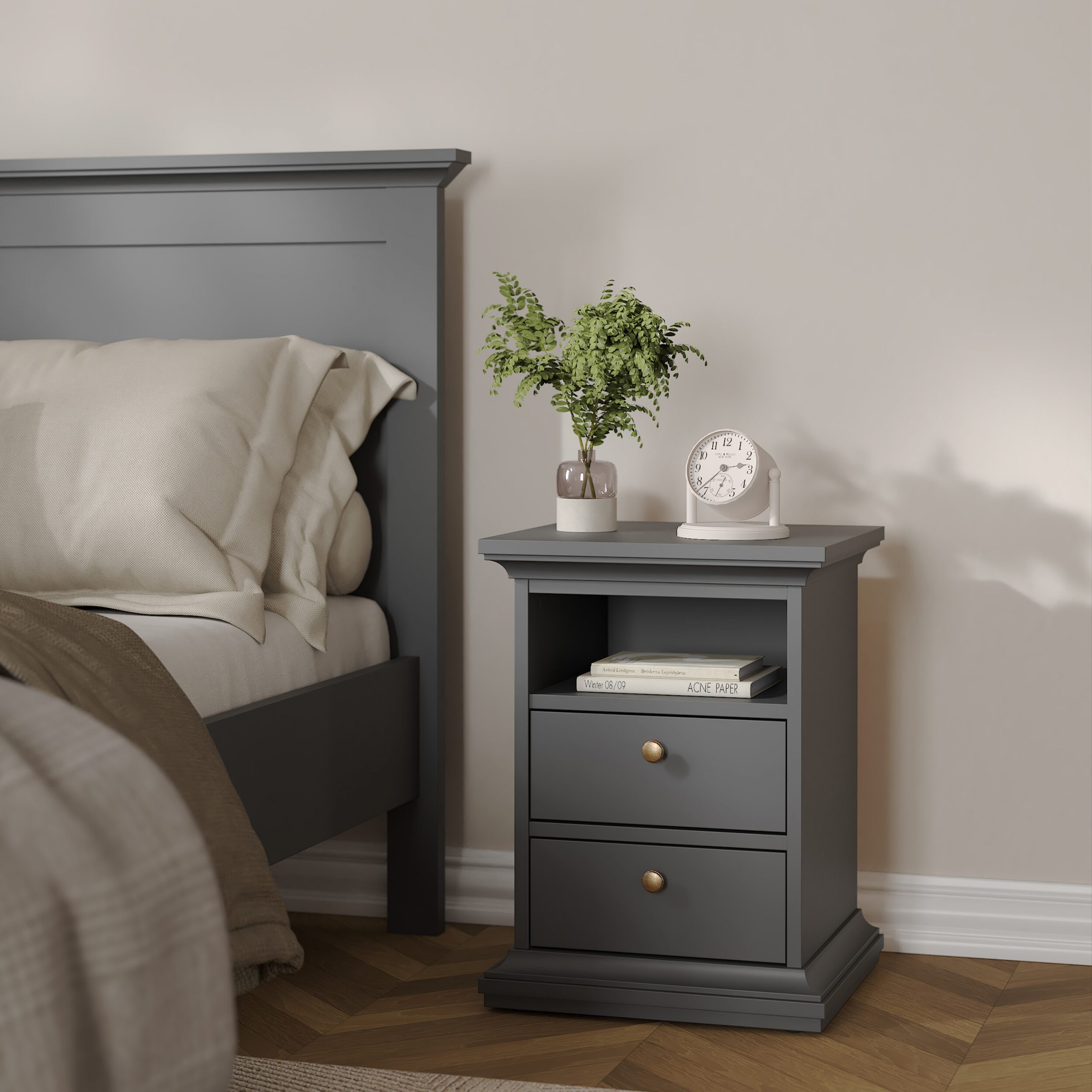 Paris Bedside 2 Drawers in Matt Grey - Image 5