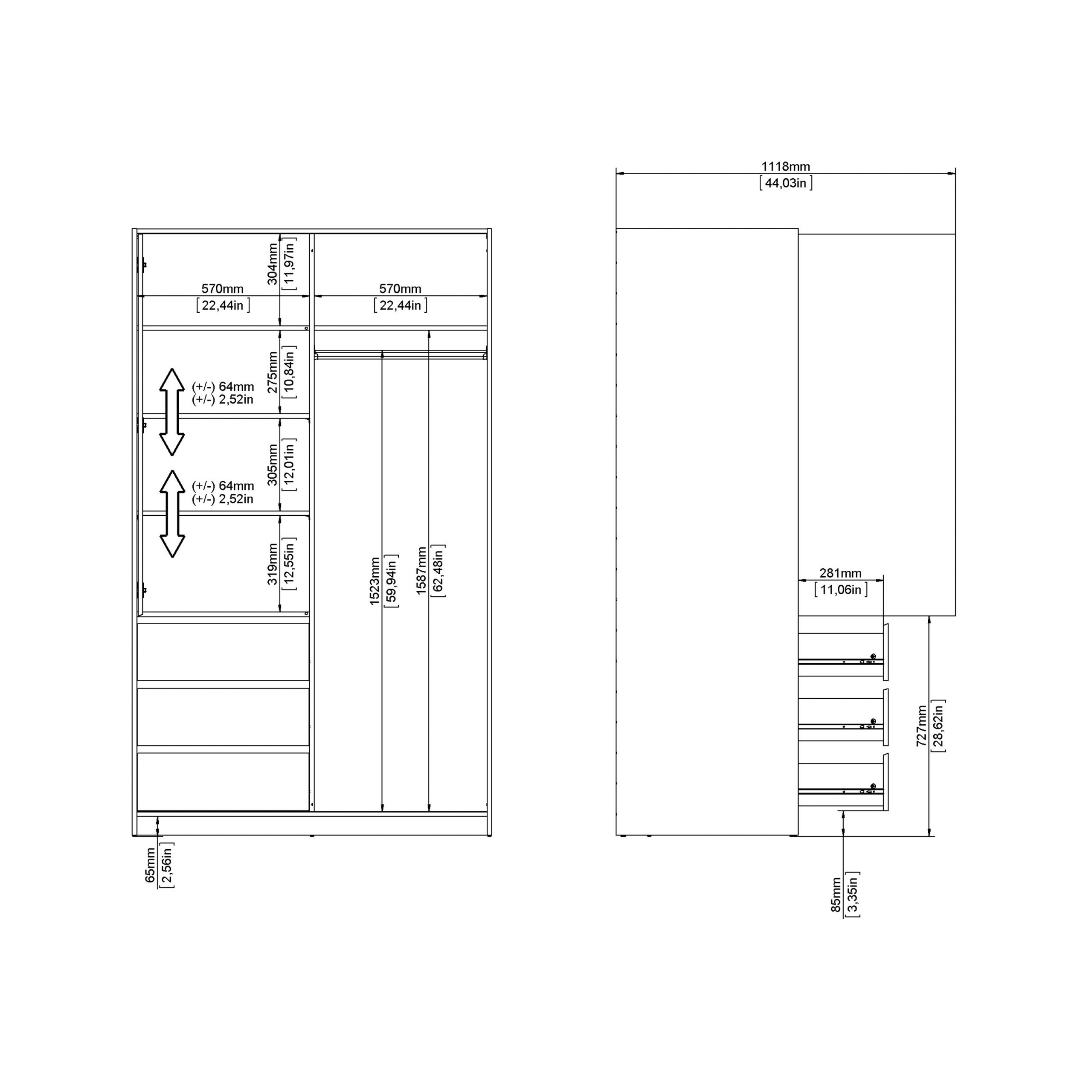 Naia Wardrobe with 1 Sliding Door and 1 Door + 3 Drawers in White - Image 9