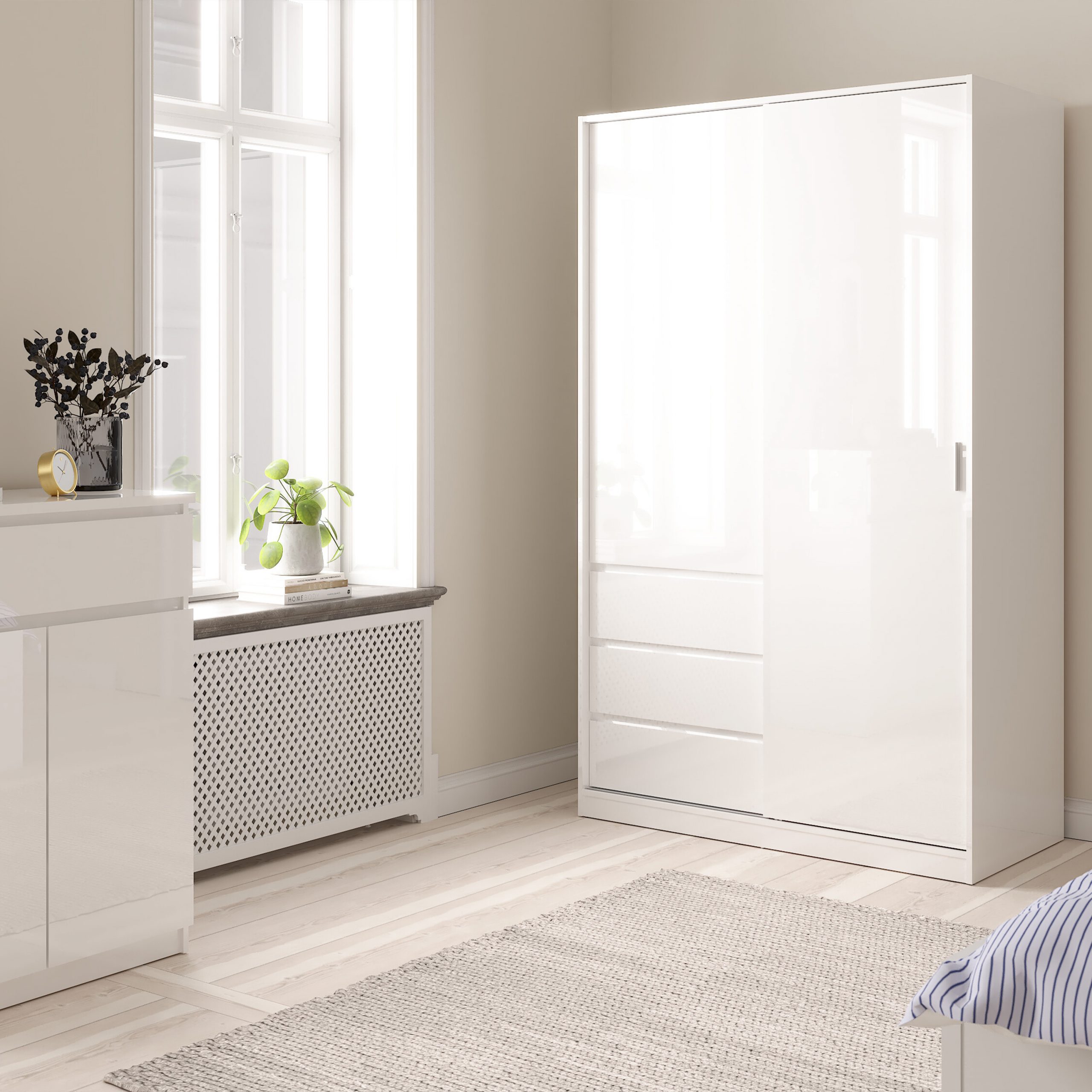 Naia Wardrobe with 1 Sliding Door and 1 Door + 3 Drawers in White - Image 3