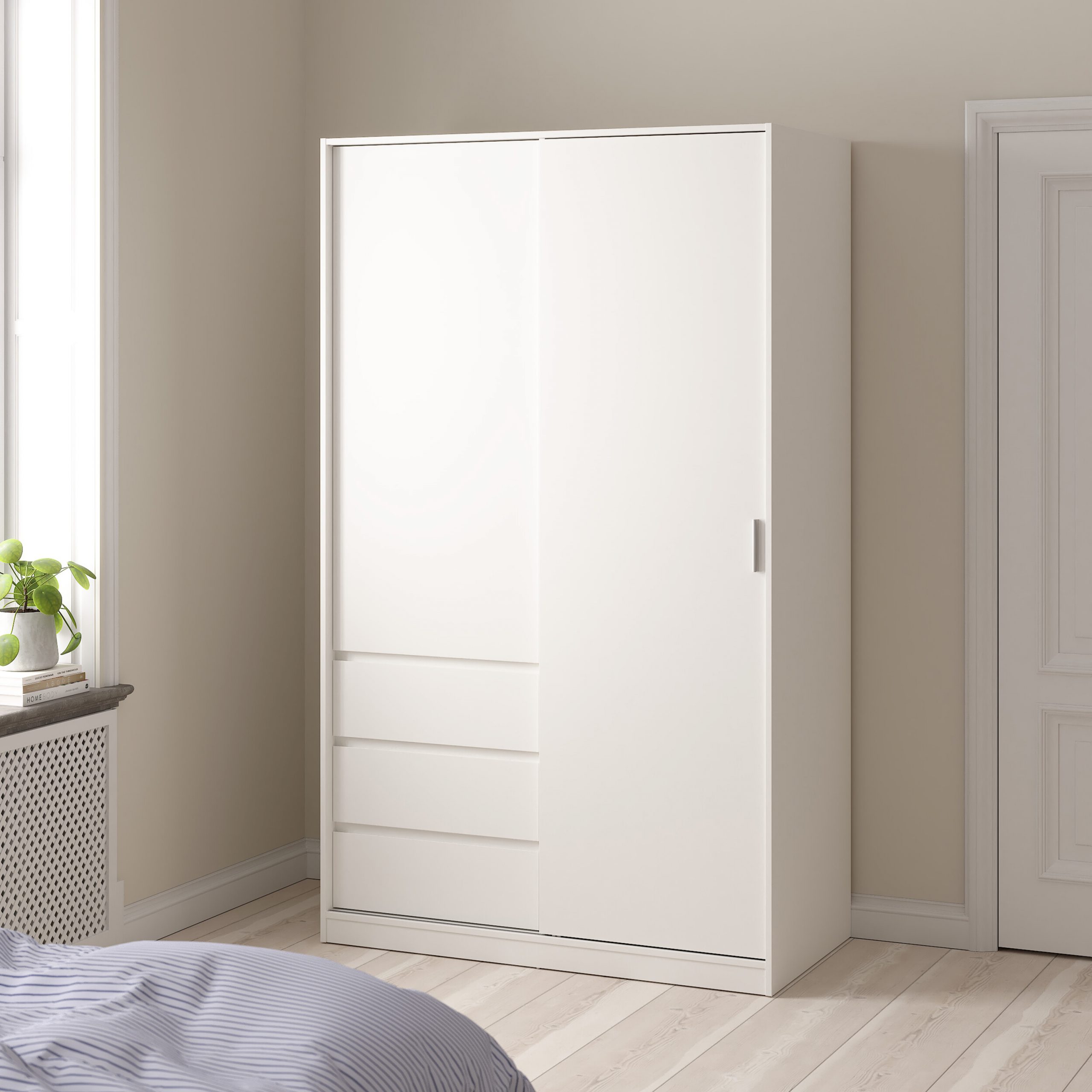 Naia Wardrobe with 1 Sliding Door and 1 Door + 3 Drawers in White - Image 4