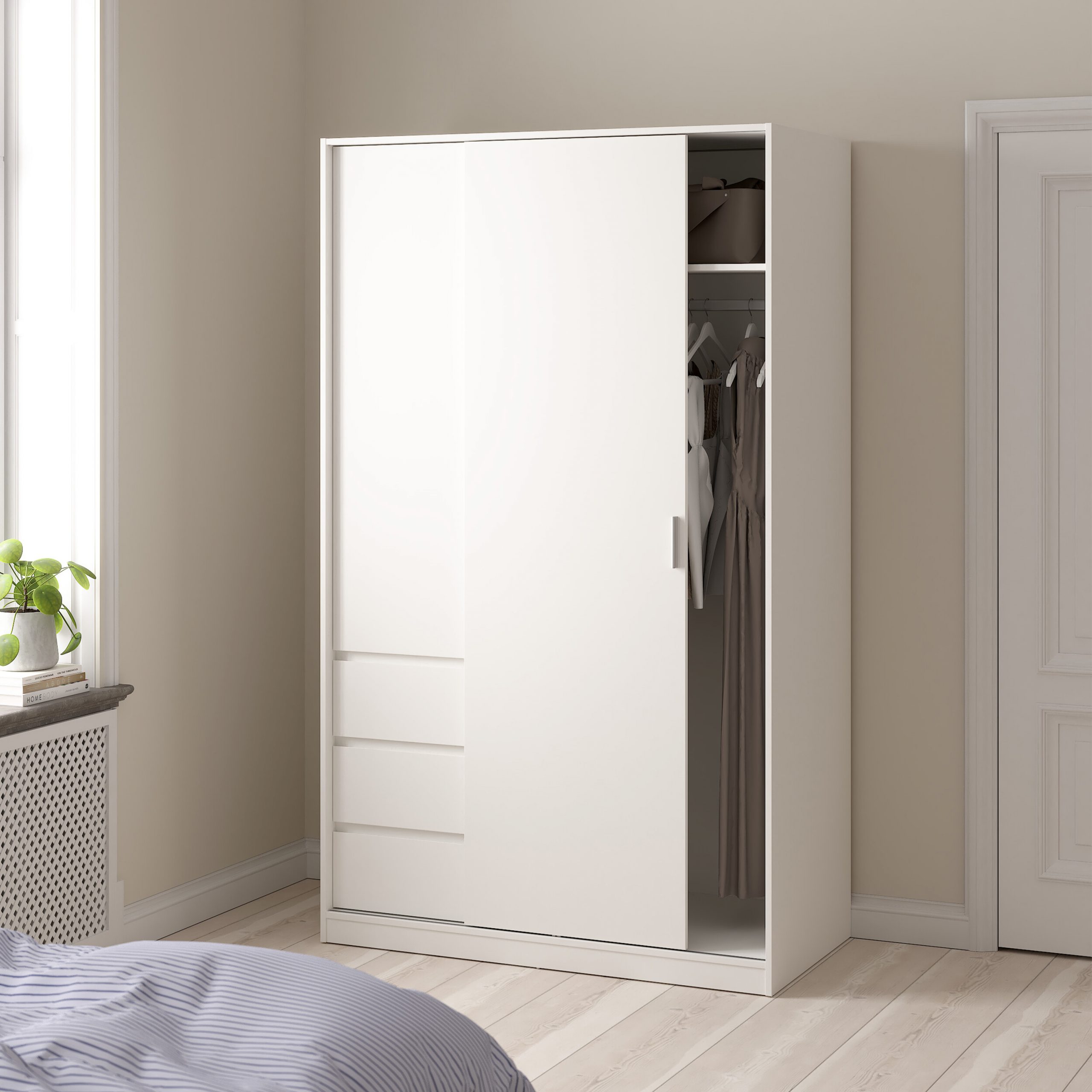 Naia Wardrobe with 1 Sliding Door and 1 Door + 3 Drawers in White - Image 5