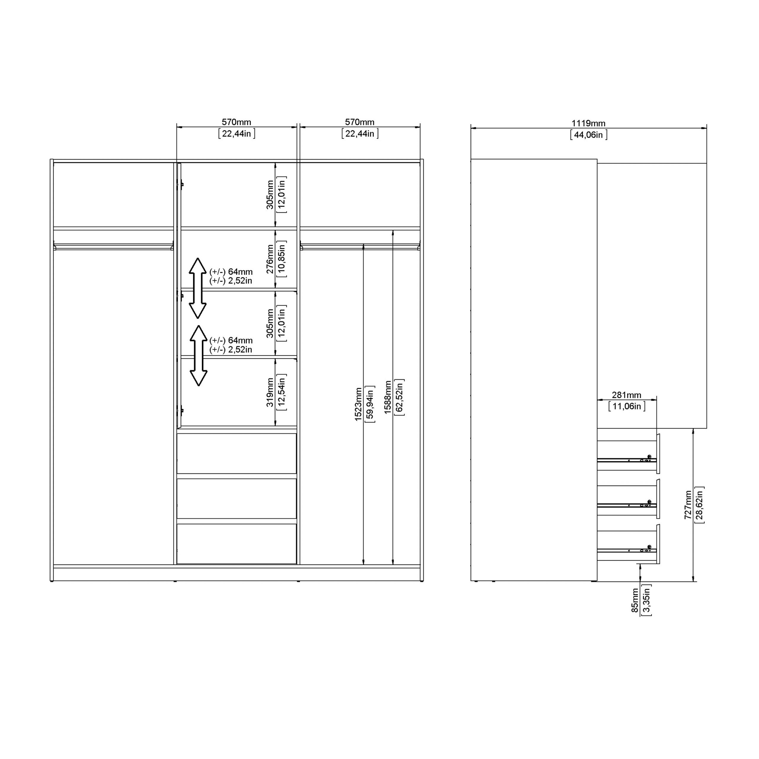 Naia Wardrobe with 2 Sliding Doors + 1 Door + 3 Drawers in White - Image 8