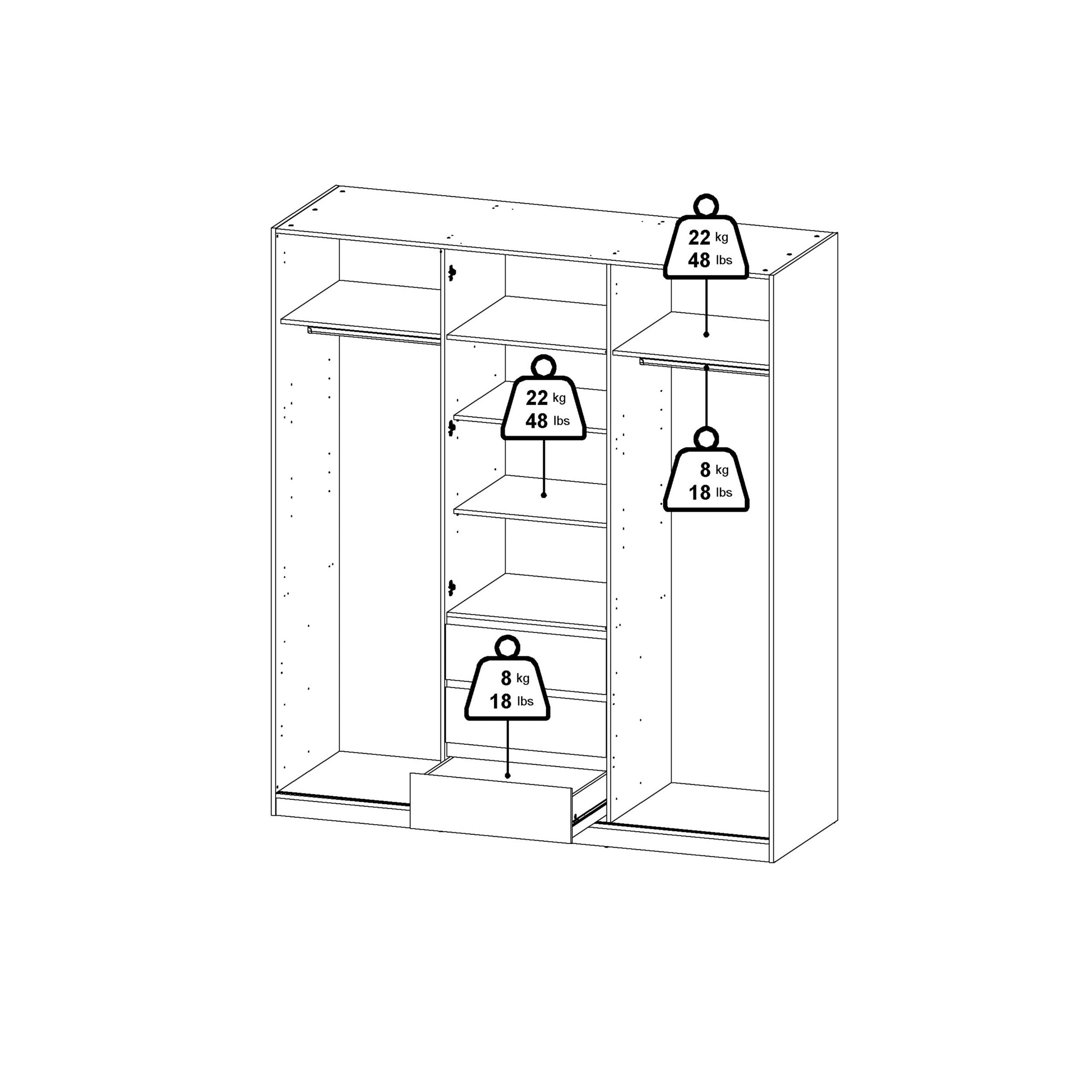 Naia Wardrobe with 2 Sliding Doors + 1 Door + 3 Drawers in White - Image 9