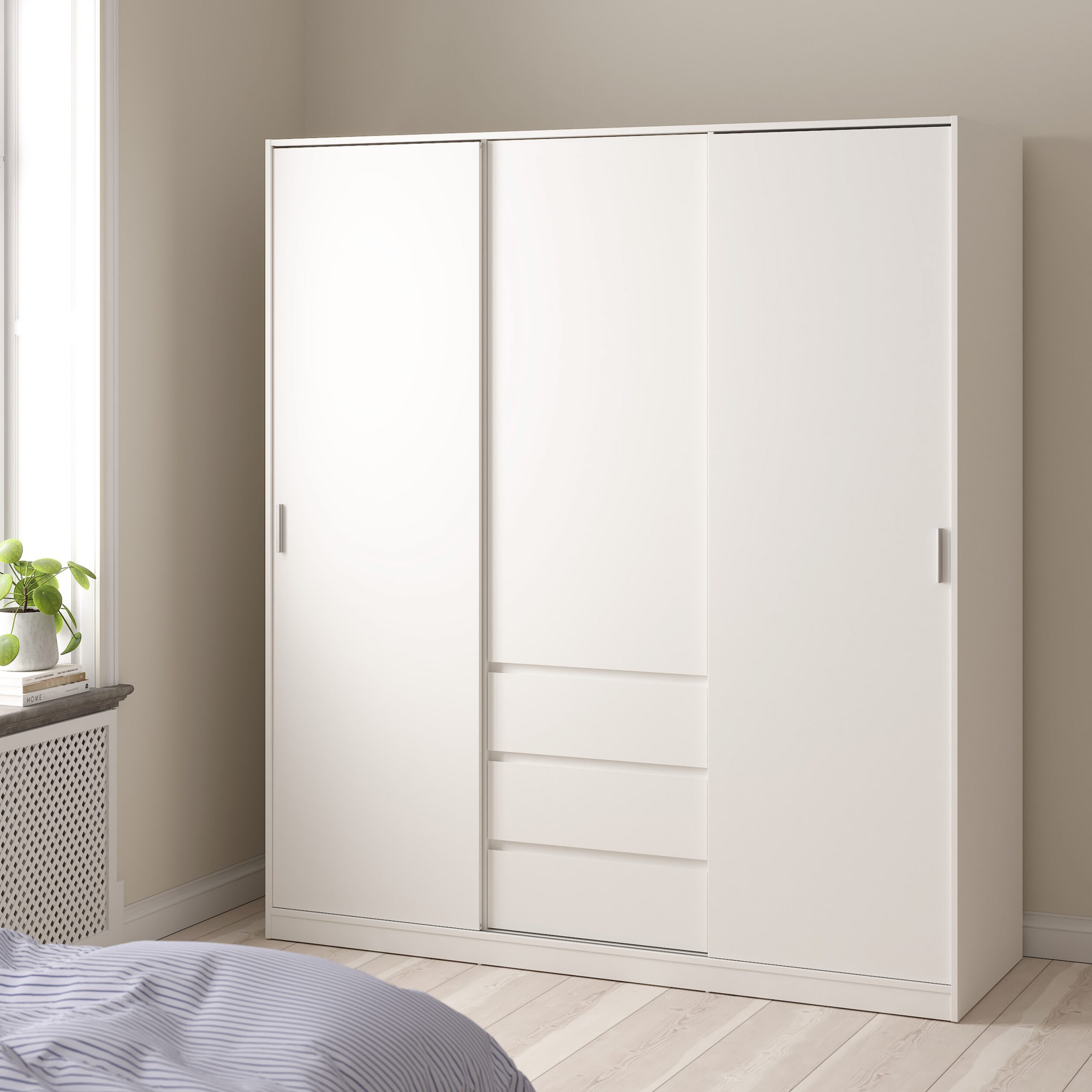 Naia Wardrobe with 2 Sliding Doors + 1 Door + 3 Drawers in White - Image 3