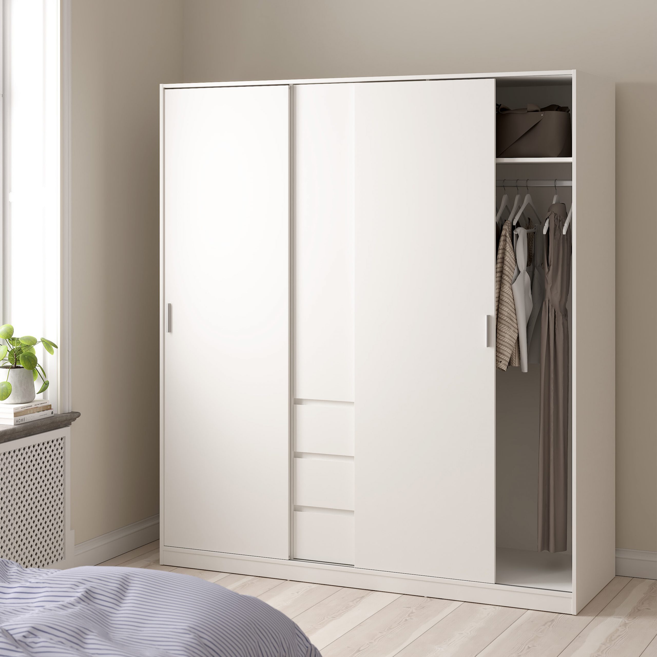Naia Wardrobe with 2 Sliding Doors + 1 Door + 3 Drawers in White - Image 4