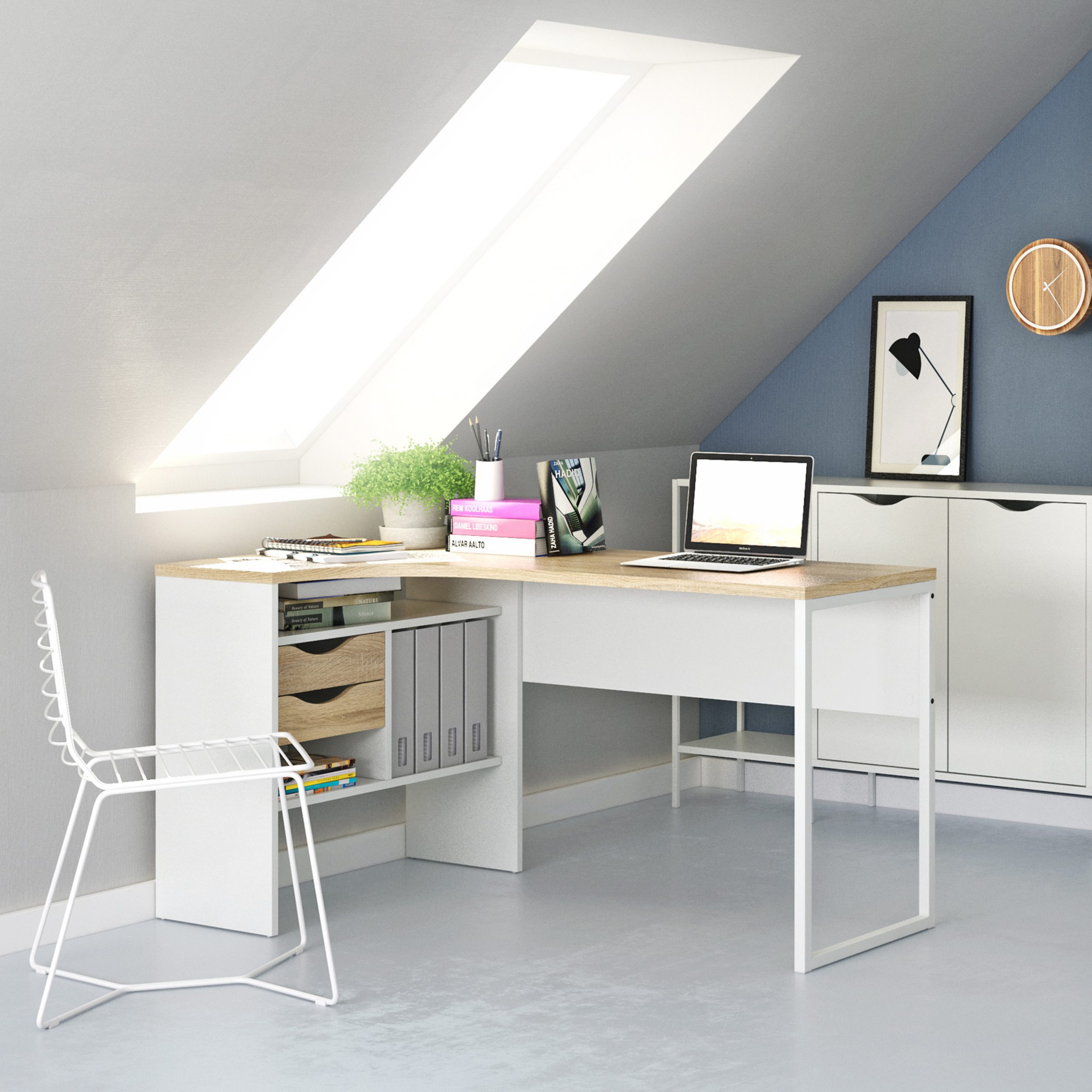 Function Plus Corner Desk 2 Drawers in White and Oak - Image 3