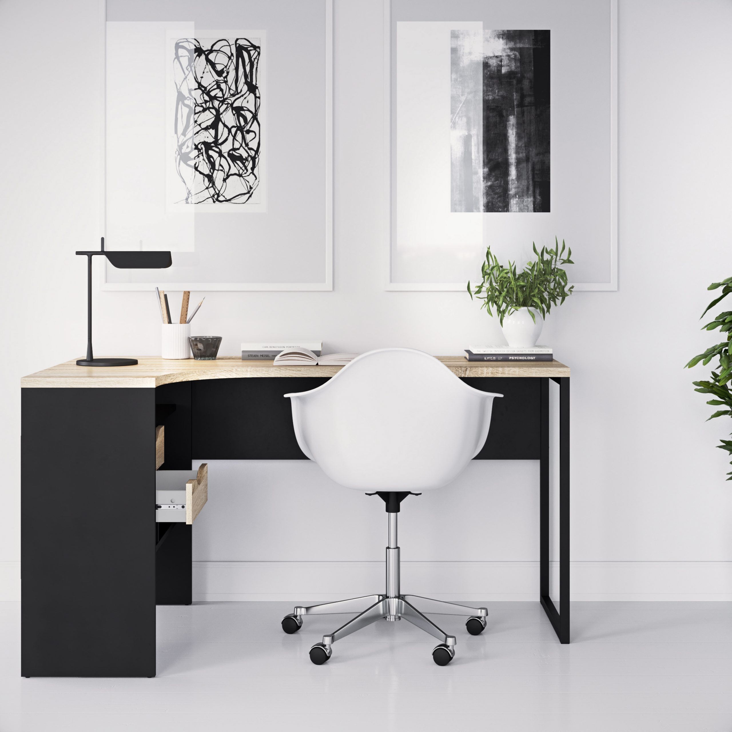 Function Plus Corner Desk 2 Drawers in Black Matt and Oak - Image 2