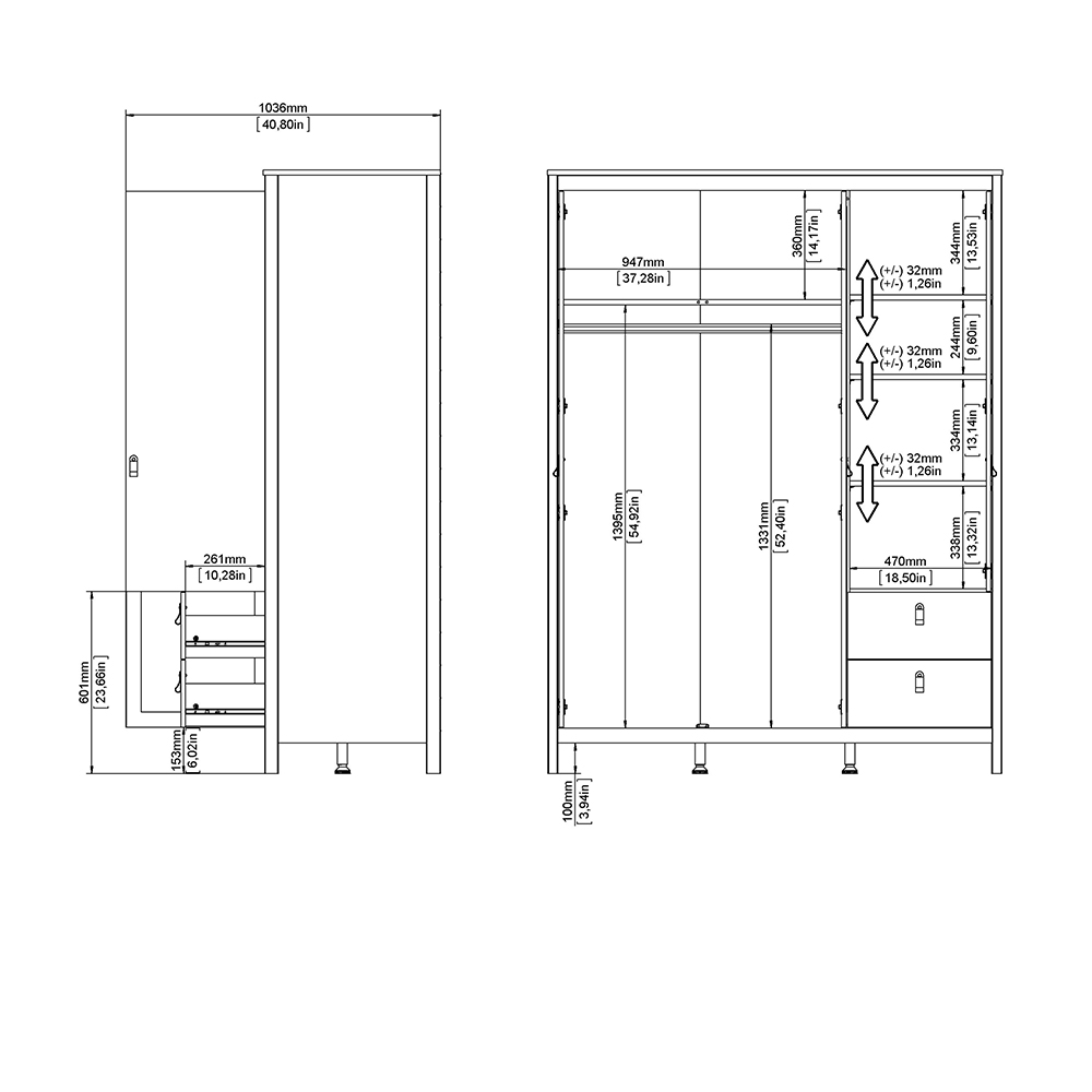 Madrid  Wardrobe with 2 Doors 1 Mirror Door 2 Drawers White - Image 10