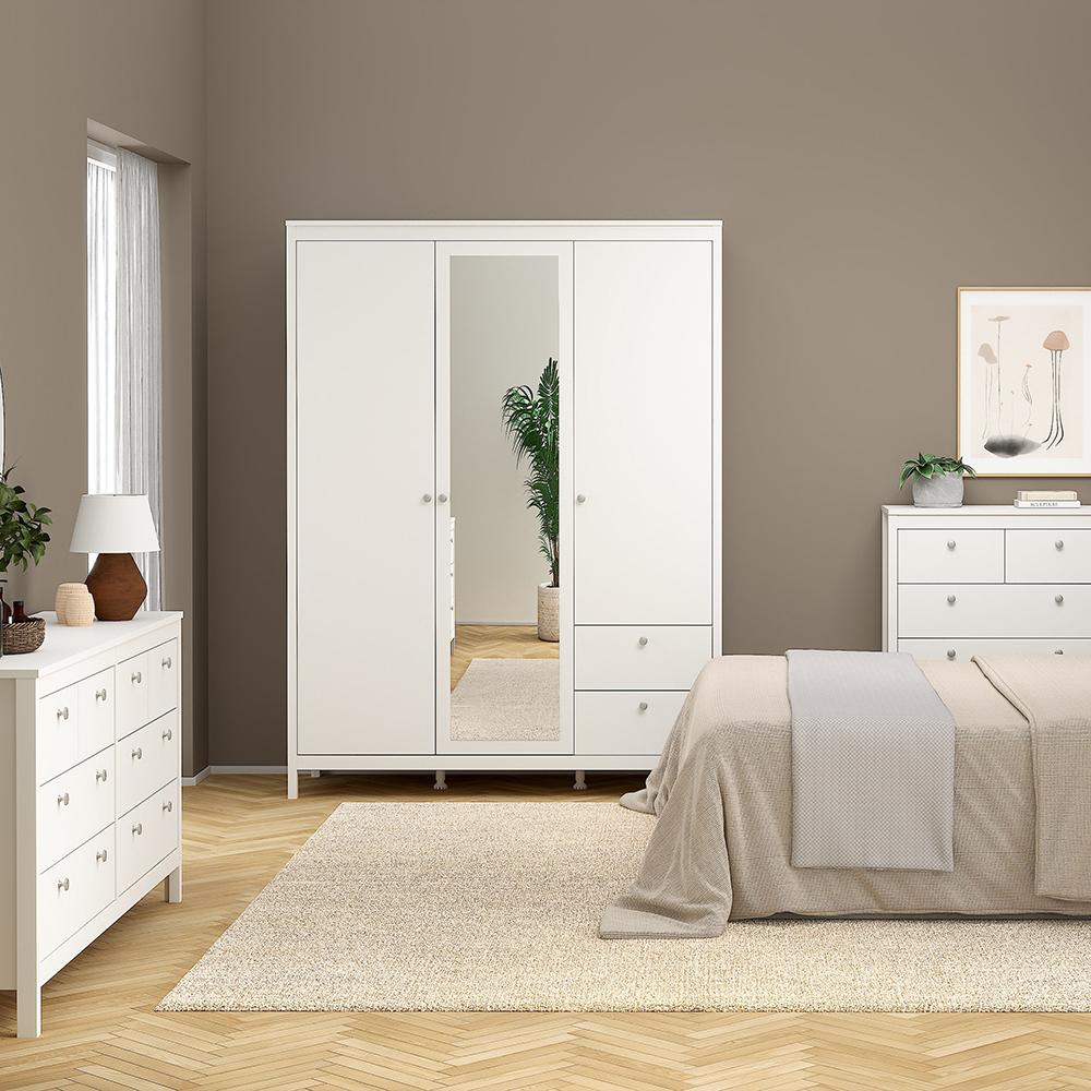 Madrid  Wardrobe with 2 Doors 1 Mirror Door 2 Drawers White - Image 4