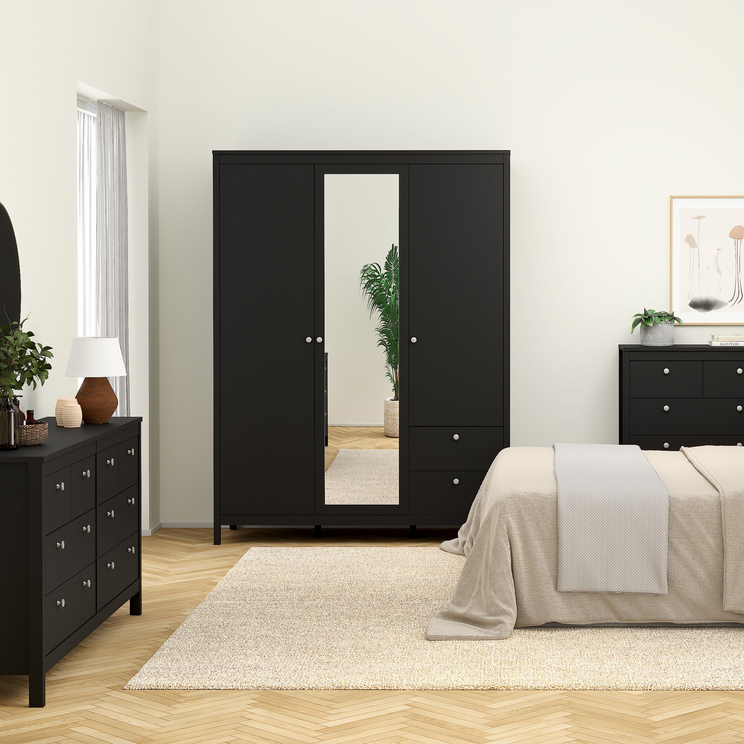 Madrid  Wardrobe with 2 Doors 1 Mirror Door 2 Drawers Matt Black - Image 4