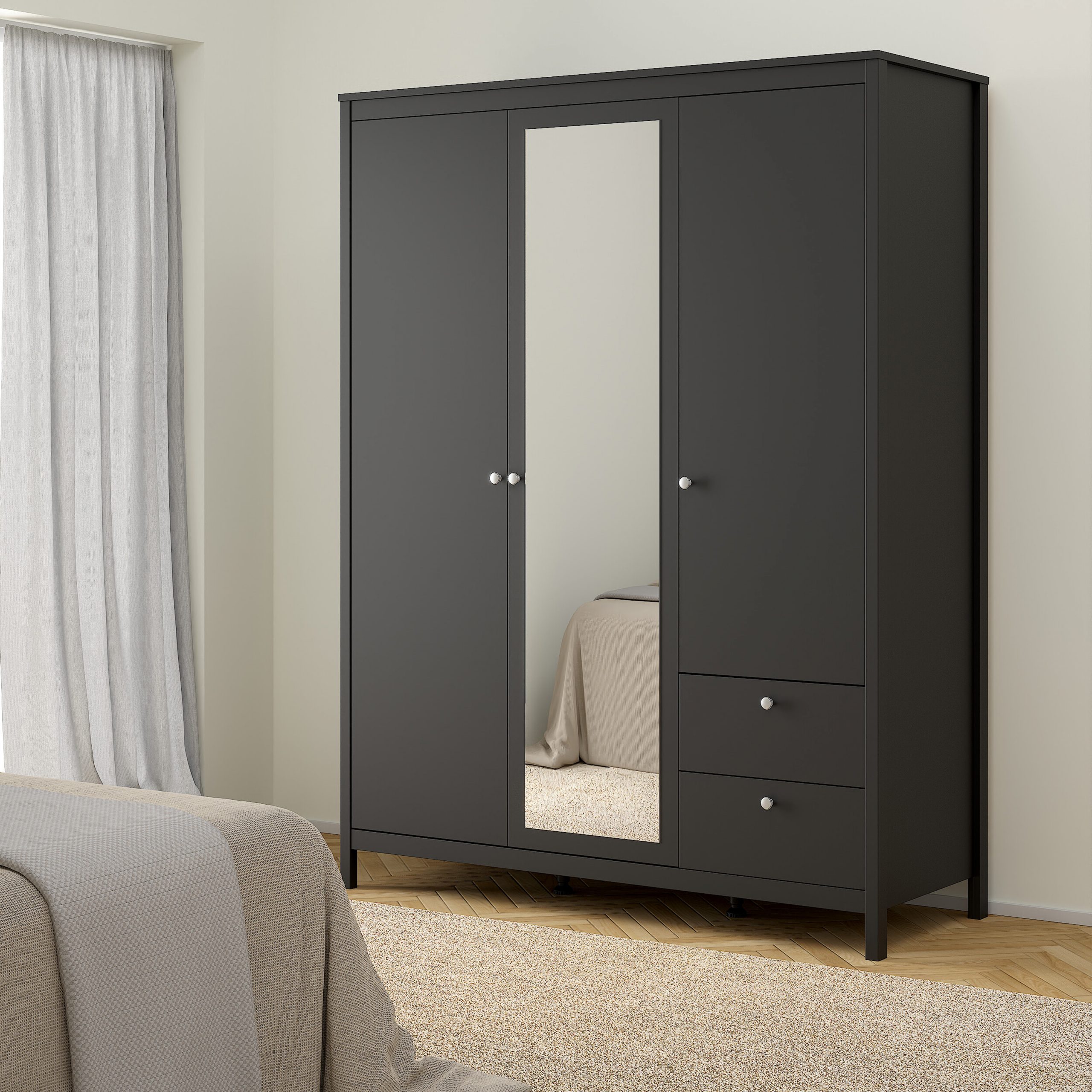 Madrid  Wardrobe with 2 Doors 1 Mirror Door 2 Drawers Matt Black - Image 5