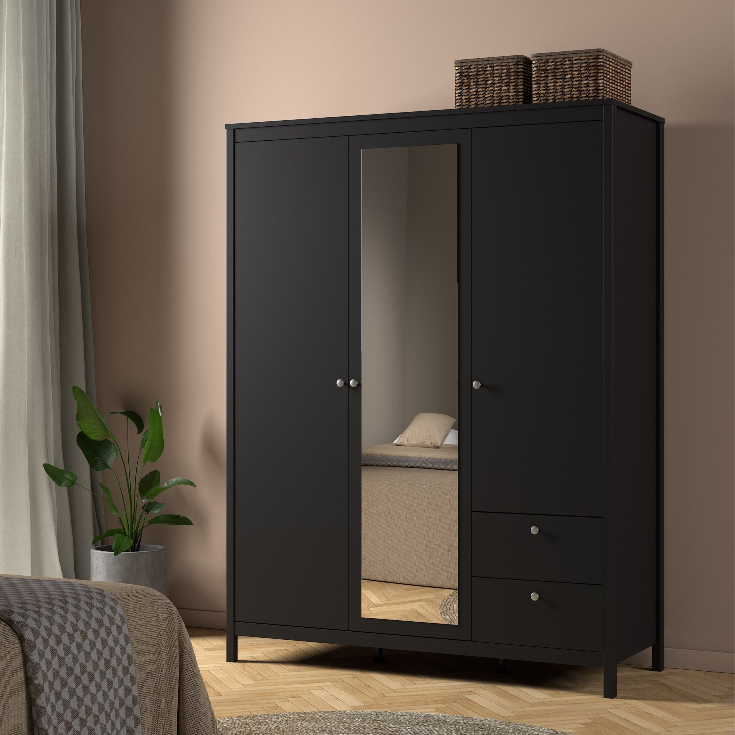 Madrid  Wardrobe with 2 Doors 1 Mirror Door 2 Drawers Matt Black - Image 6