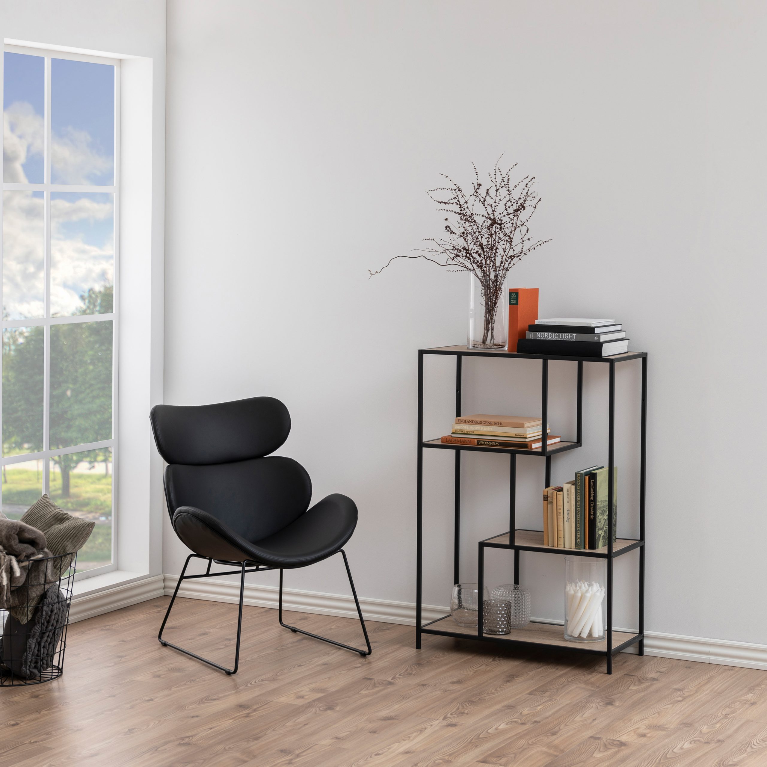 Seaford Black Metal Asymmetrical Bookcase with 3 Oak Shelves - Image 2
