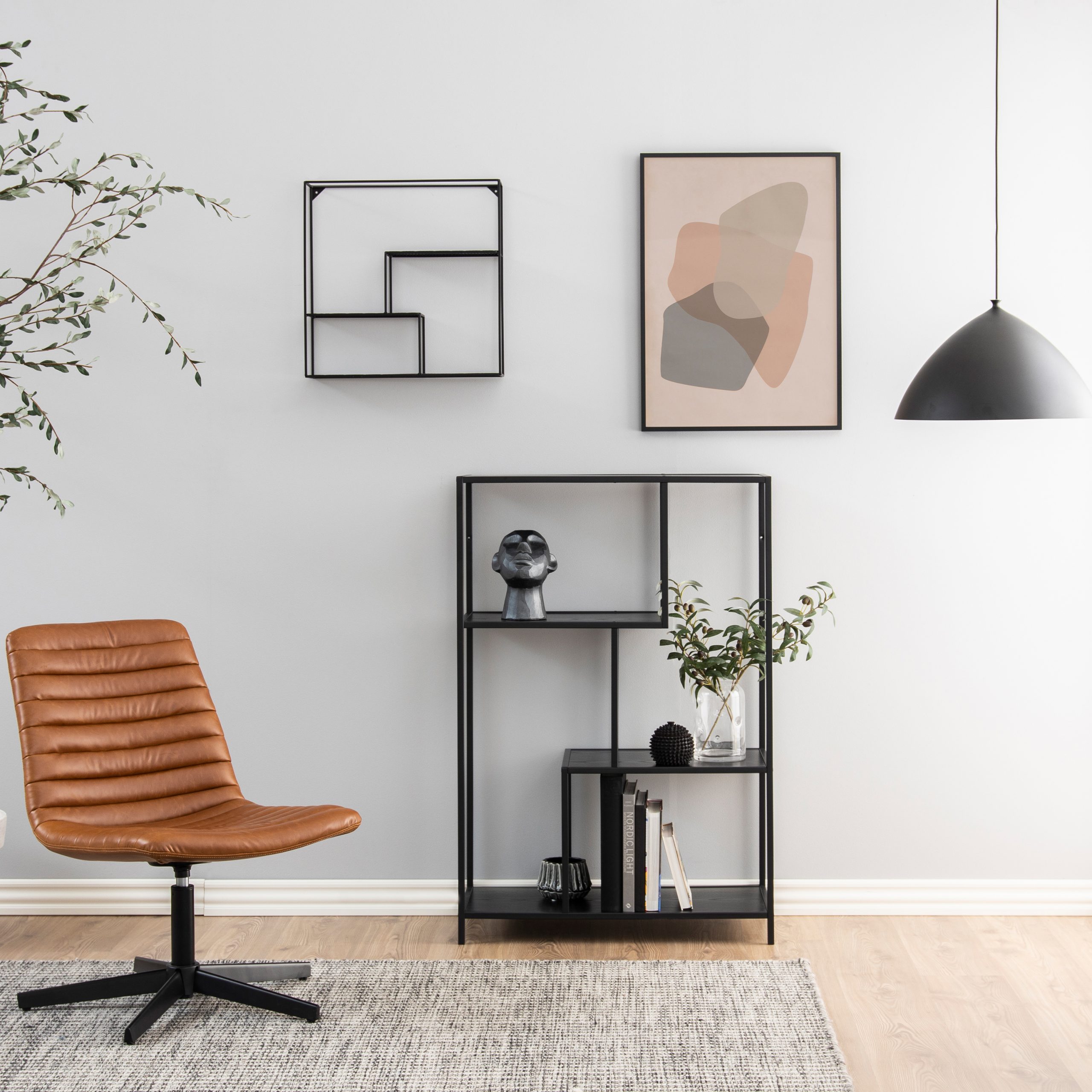 Seaford Black Metal Asymmetrical Bookcase with 3 Black Shelves - Image 2