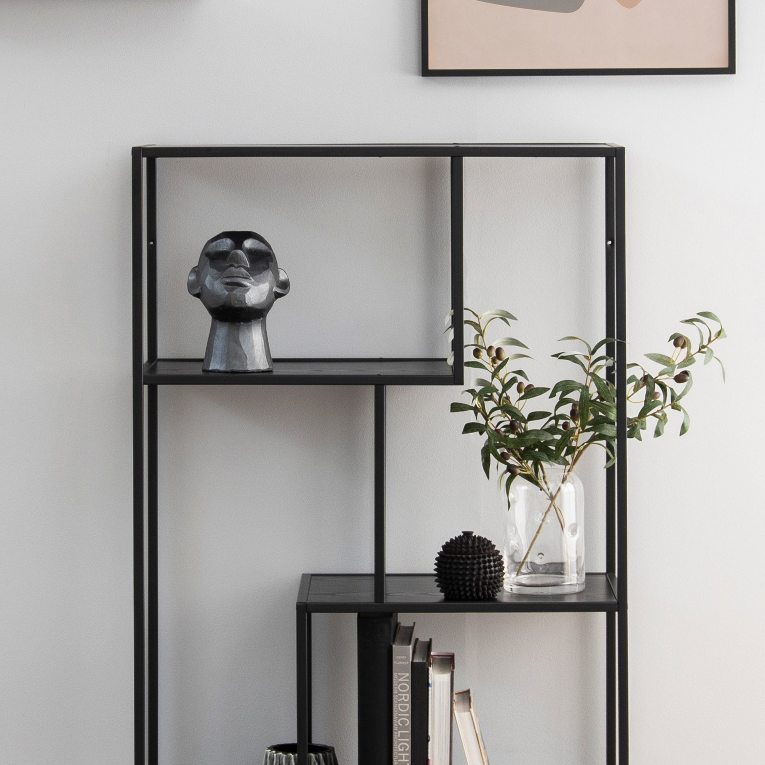 Seaford Black Metal Asymmetrical Bookcase with 3 Black Shelves - Image 3