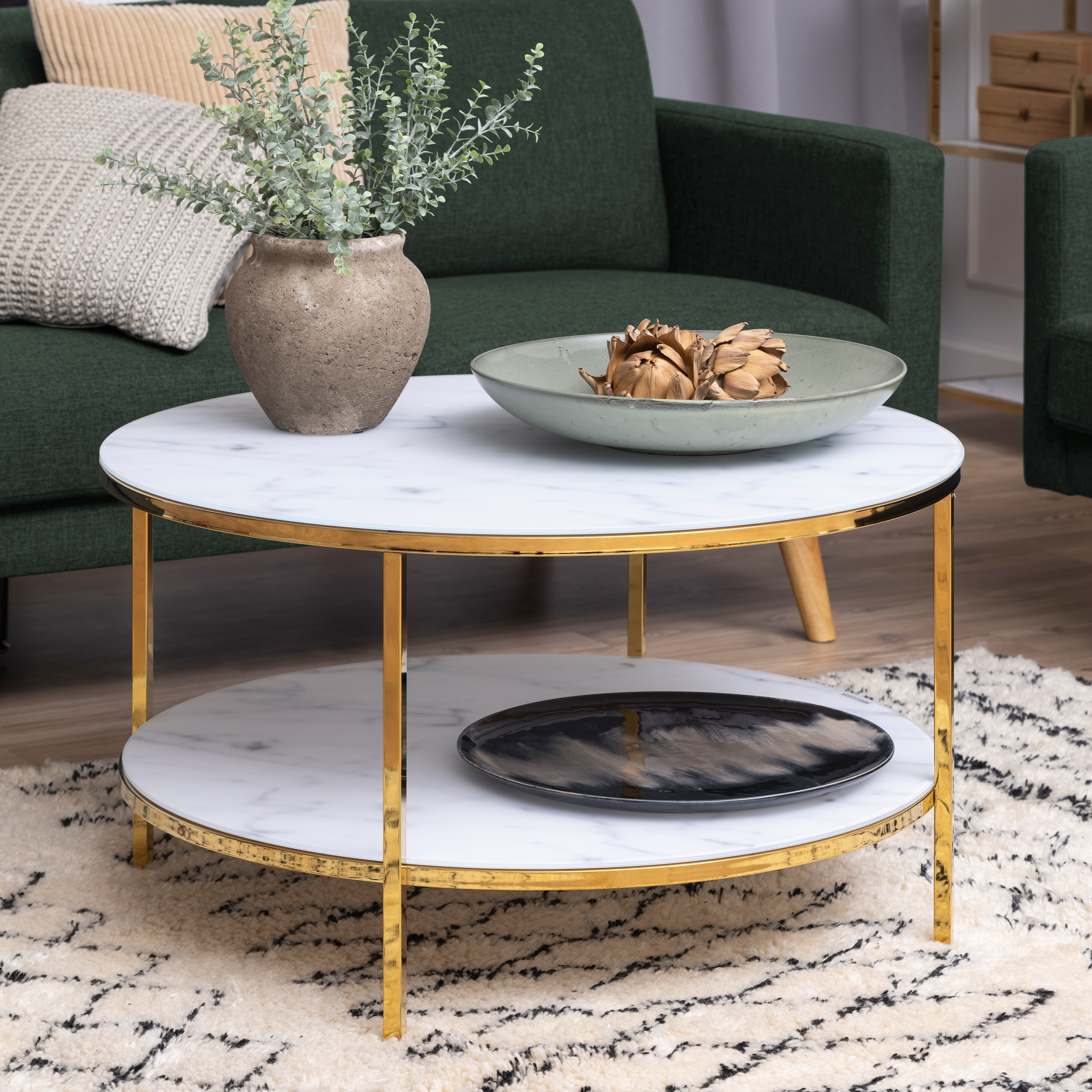Alisma Round Coffee Table with White Crystal Clear Marble Glass Top & Gold Legs - Image 2