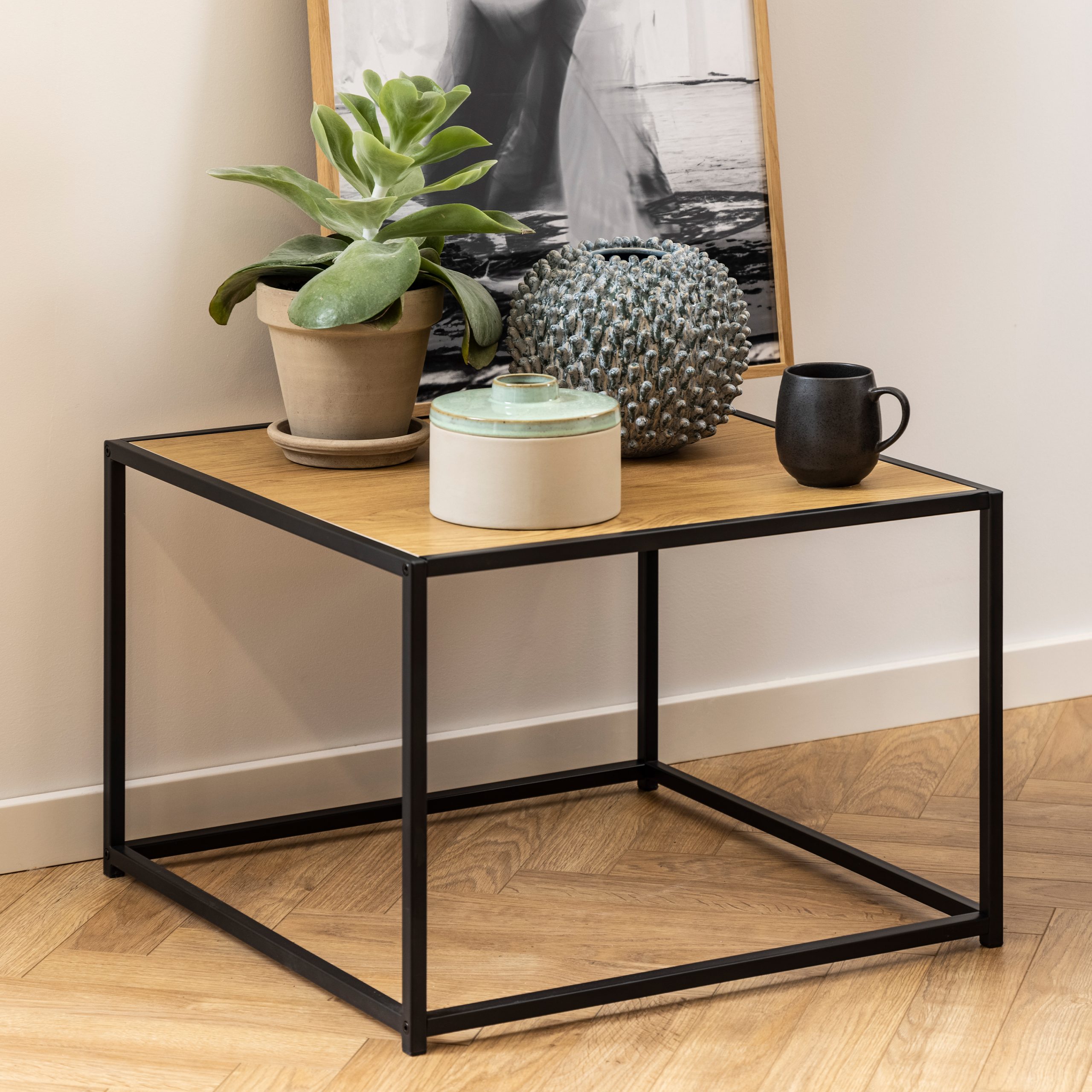 Seaford Black Metal Coffee Table with Oak Top - Image 4