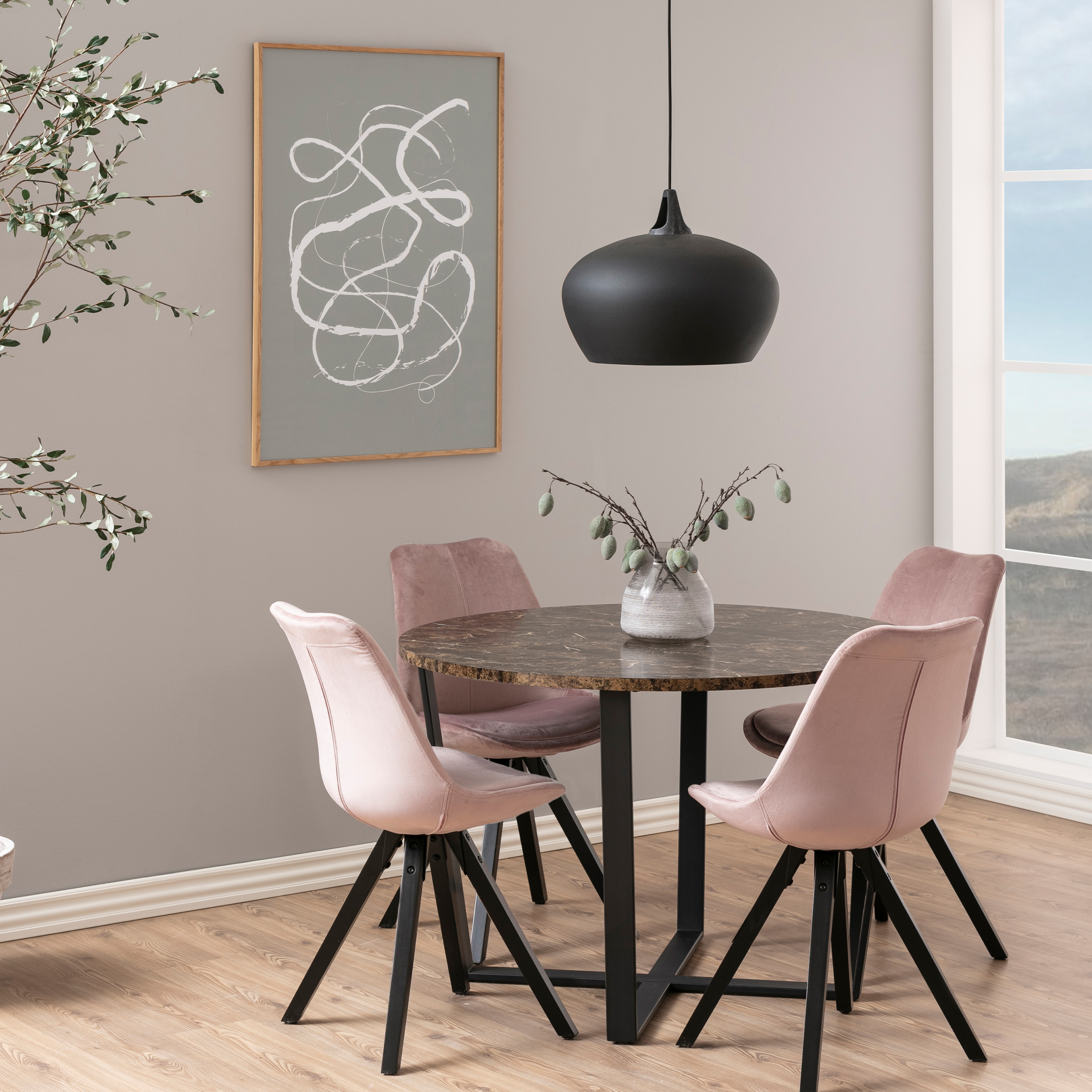Amble Round Dining Table with Brown Marble Melamine Top & Black Legs - Image 2