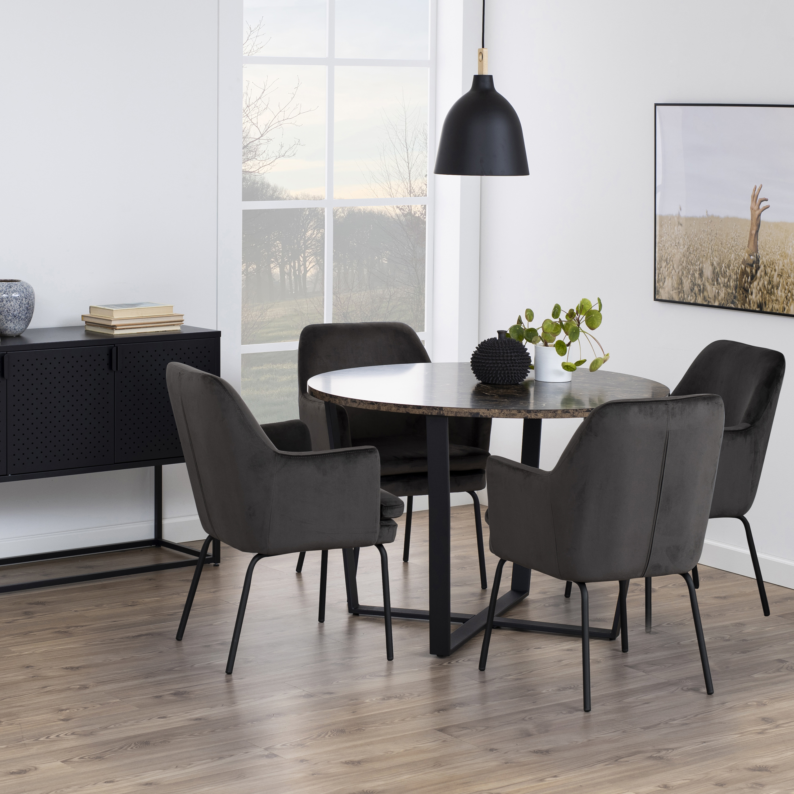 Amble Round Dining Table with Brown Marble Melamine Top & Black Legs - Image 3
