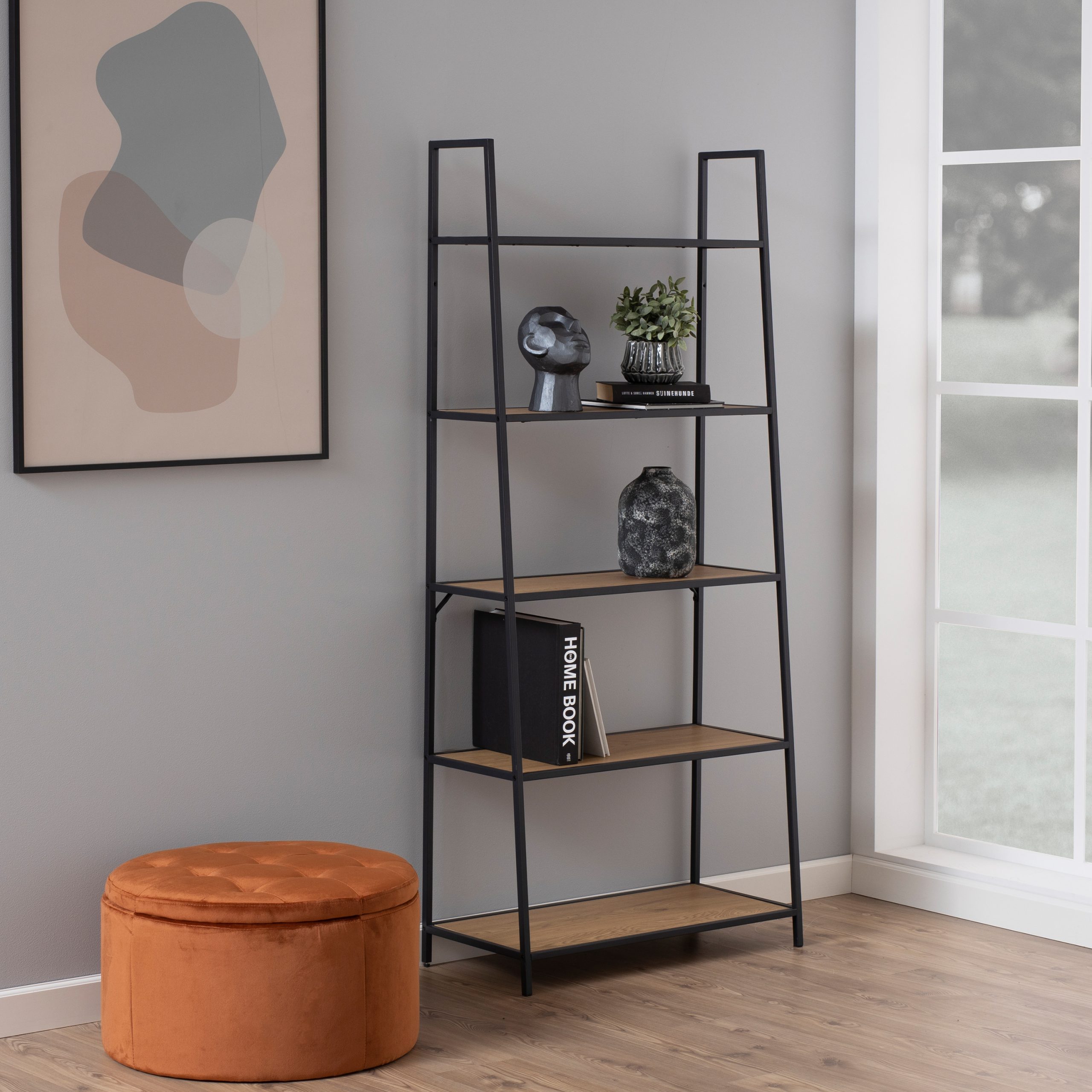 Seaford Black Metal Ladder Bookcase with 5 Oak Shelves - Image 2