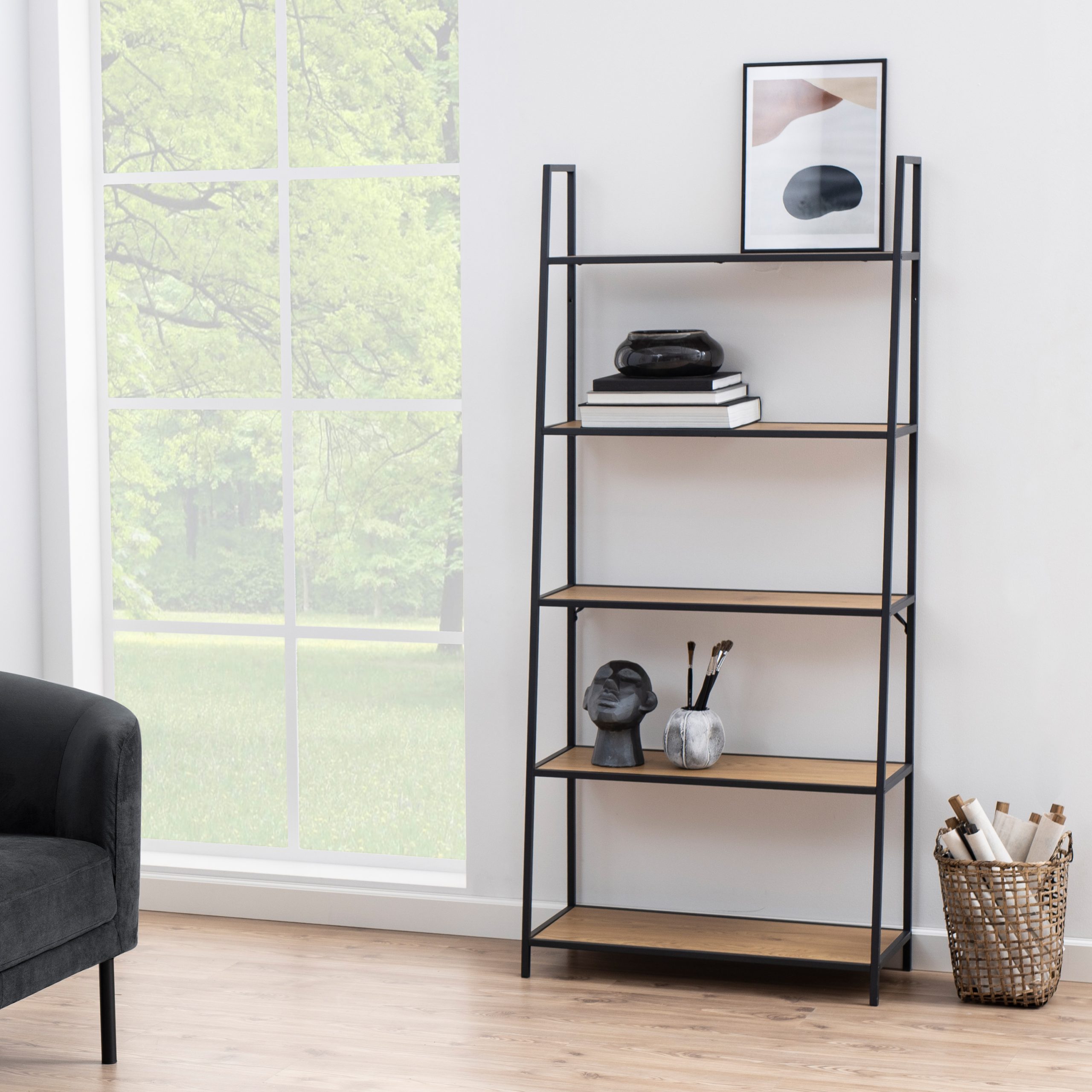 Seaford Black Metal Ladder Bookcase with 5 Oak Shelves - Image 3