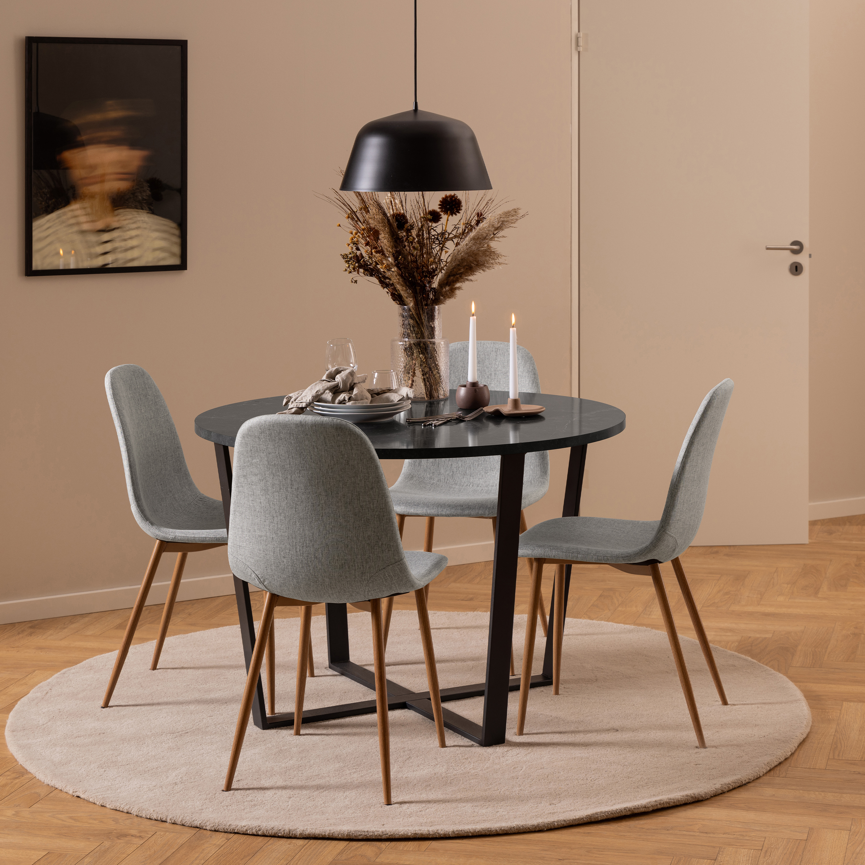 Amble Round Dining Table with Black Marble Melamine Top & Black Legs - Image 2