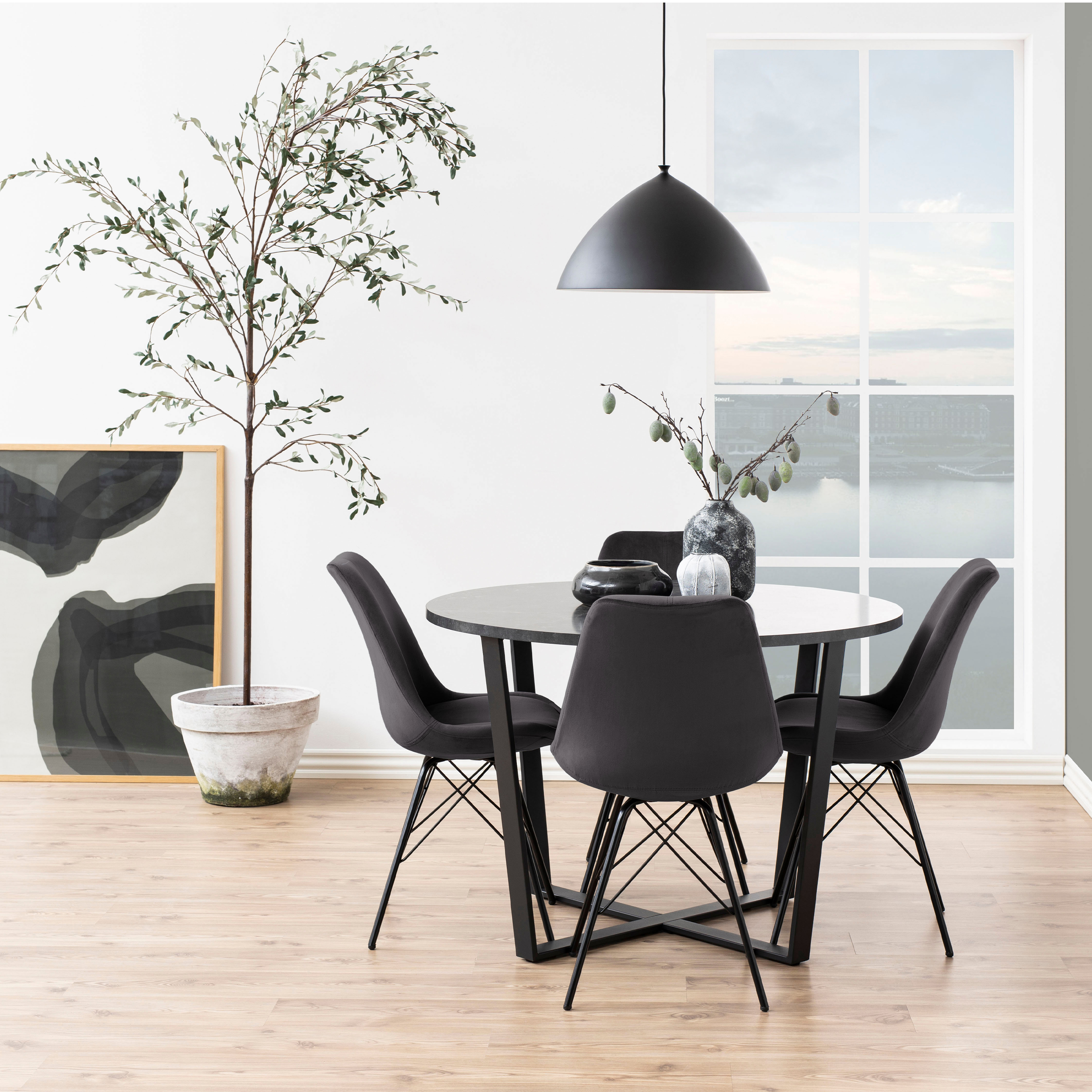 Amble Round Dining Table with Black Marble Melamine Top & Black Legs - Image 4
