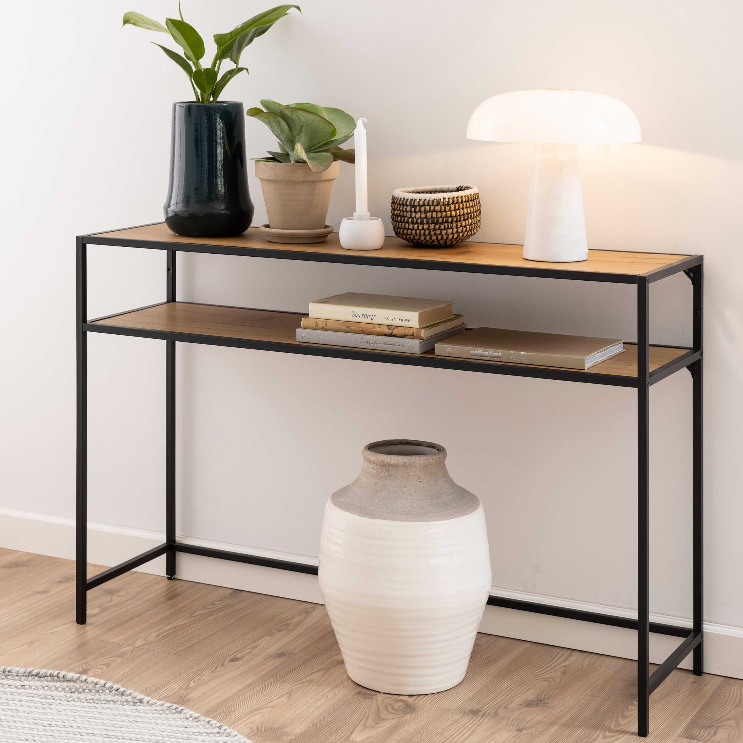 Seaford Black Metal Console Table with Oak Top - Image 3