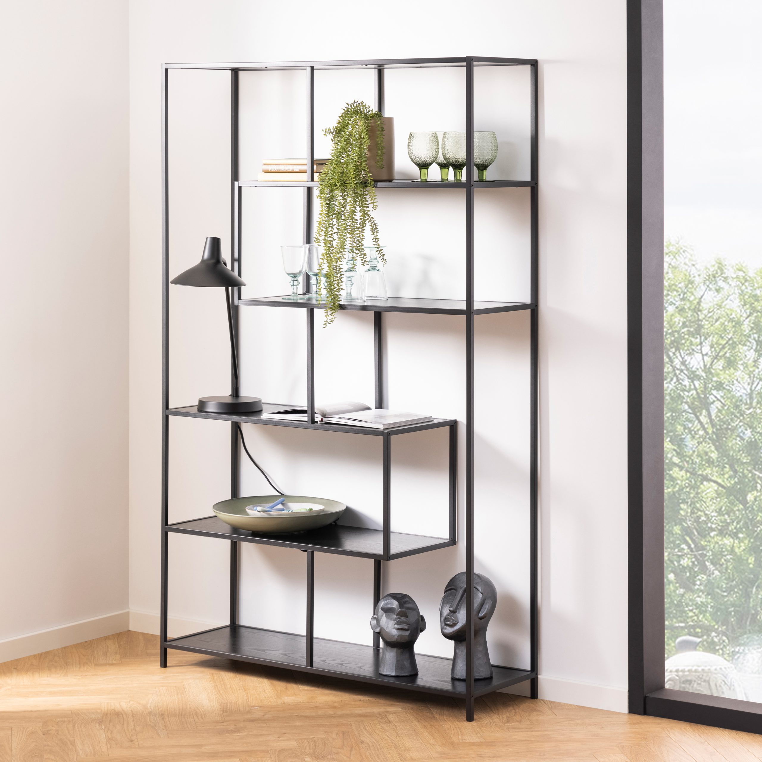 Seaford Black Metal Large Asymmetrical Bookcase with 5 Black Shelves - Image 3