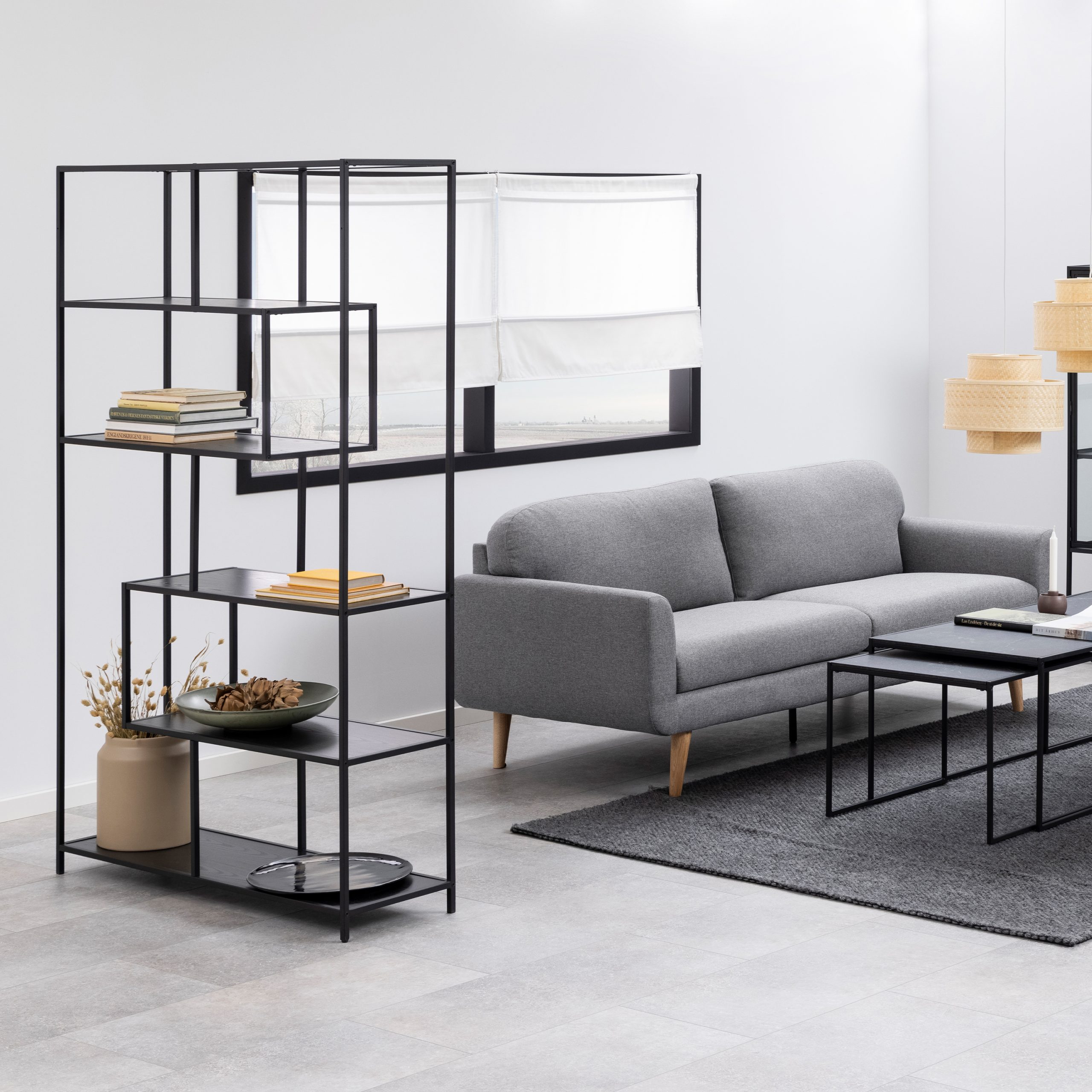 Seaford Black Metal Large Asymmetrical Bookcase with 5 Black Shelves - Image 4