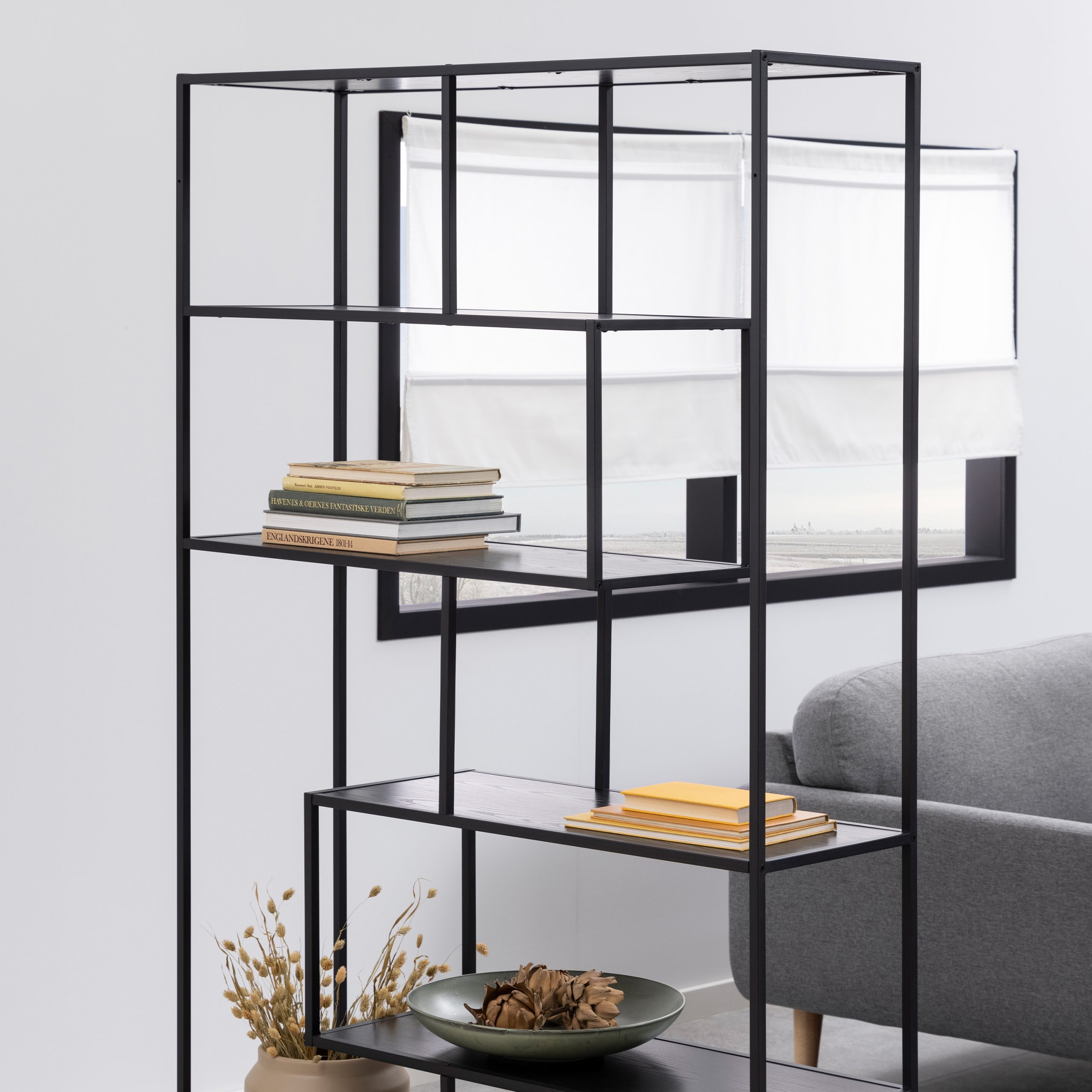 Seaford Black Metal Large Asymmetrical Bookcase with 5 Black Shelves - Image 5