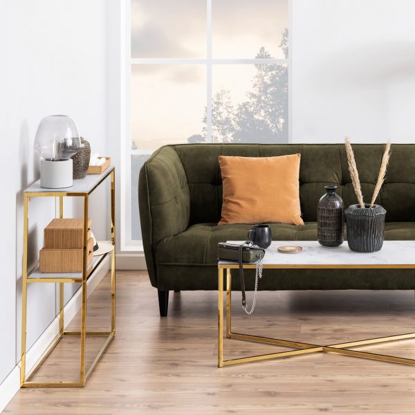 Alisma Console Table with White Crystal Clear Marble Glass Top & Gold Legs - Image 2