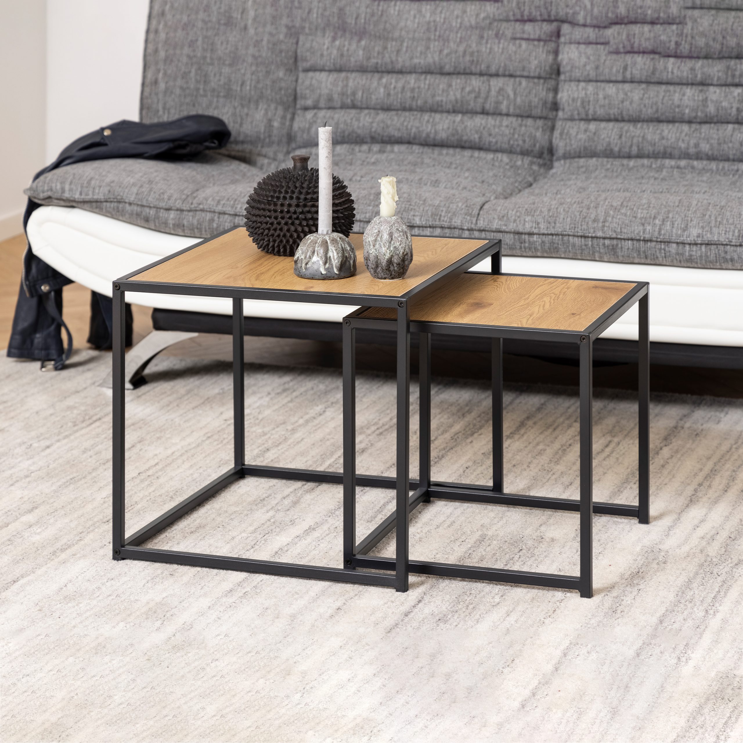 Seaford Black Metal Nest of Tables with Oak Top - Image 2